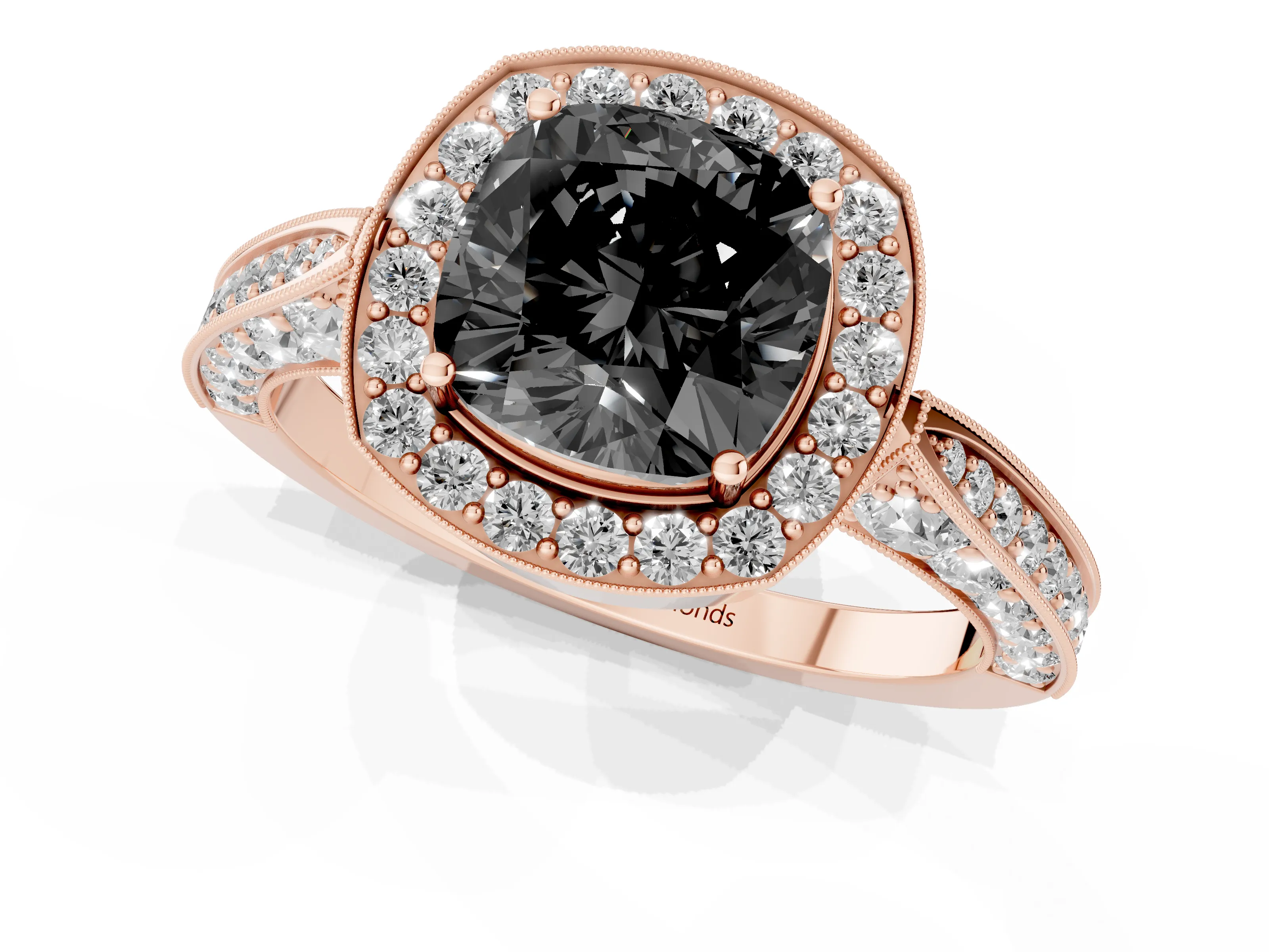 Fancy Black Cushion Cut Diamond Halo Engagement Ring Set in Rose gold with Accent Split Shank Band