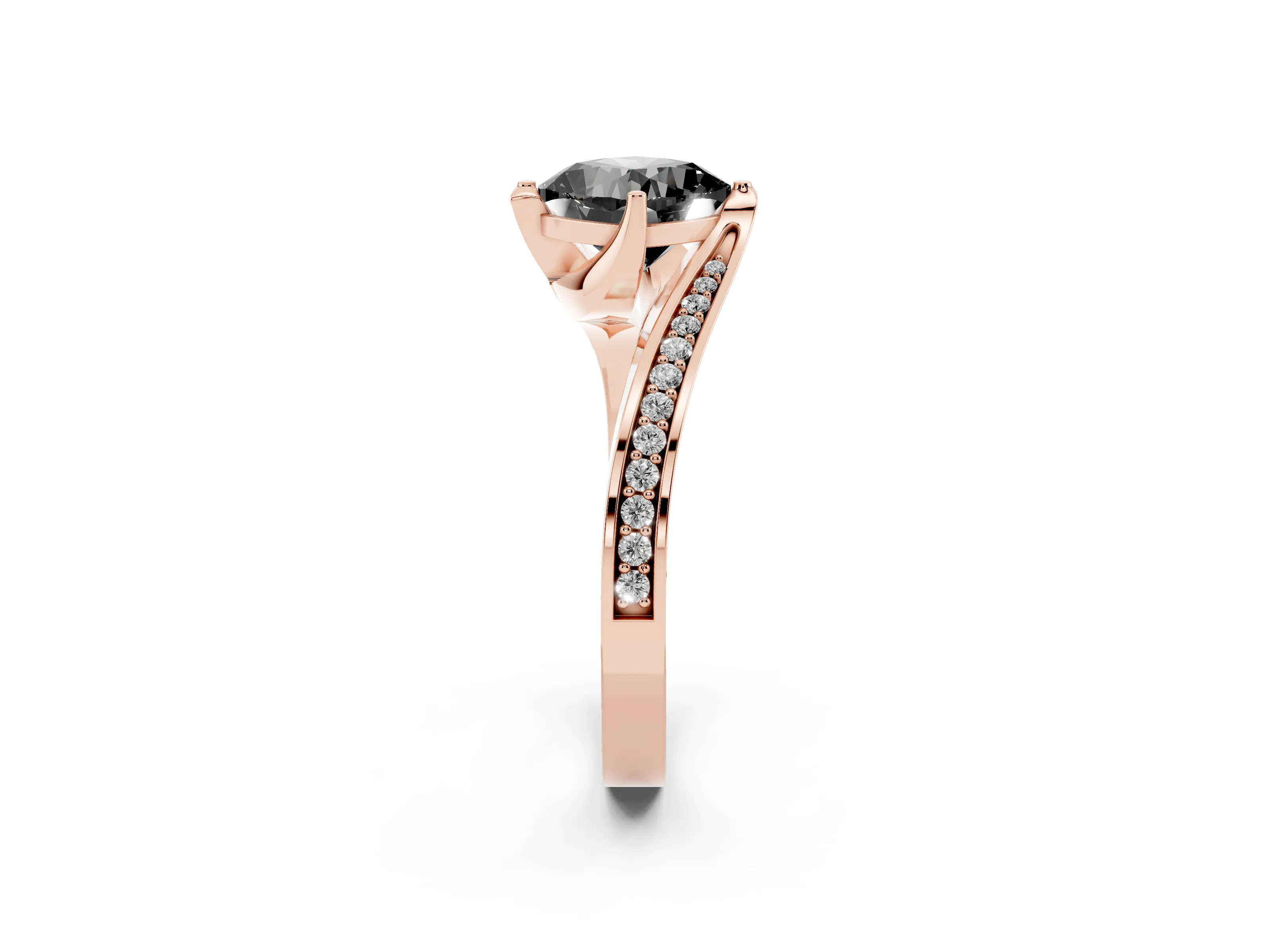 Fancy Black Cushion Cut Diamond Solitaire Ring Set in Rose gold with Intertwined Pavé Twist Band