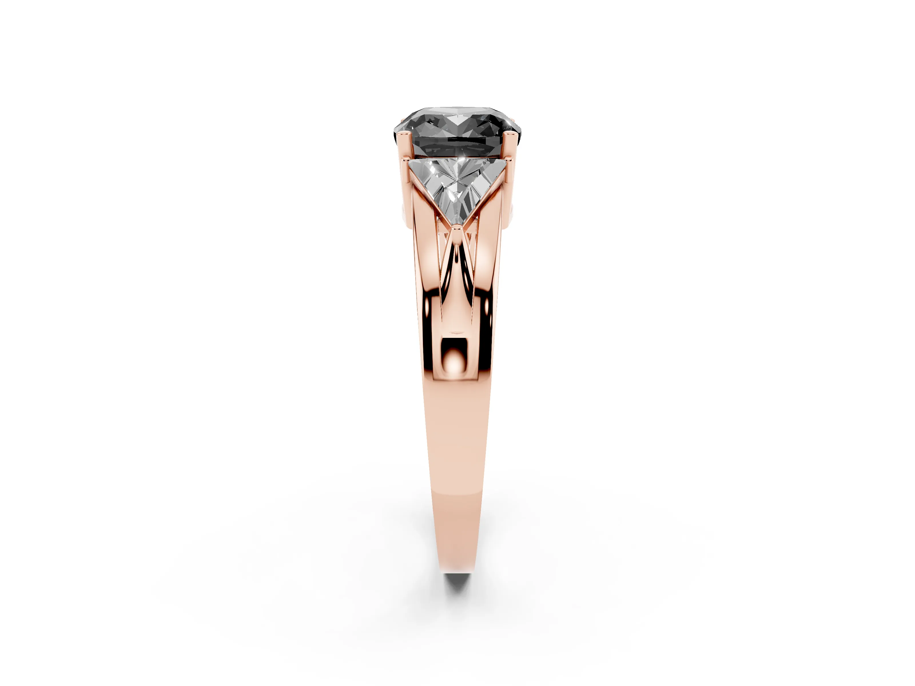Fancy Black Cushion Cut Diamond Three-Stone Ring Set in Rose gold with Trillion Side Stones and Split Shank