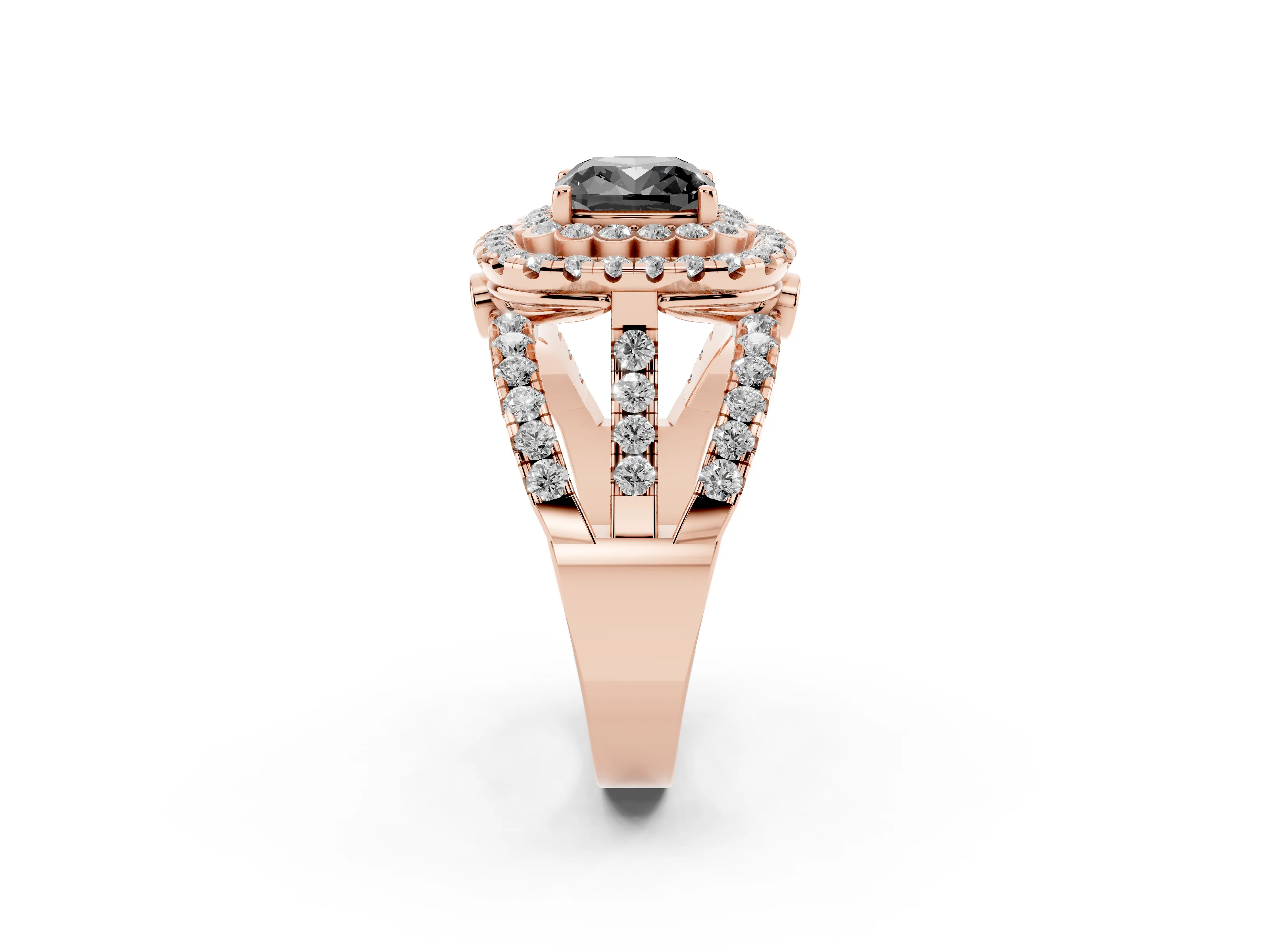 Fancy Black Cushion Cut Diamond Double Halo Ring Set in Rose gold with Round Pavé Split Shank
