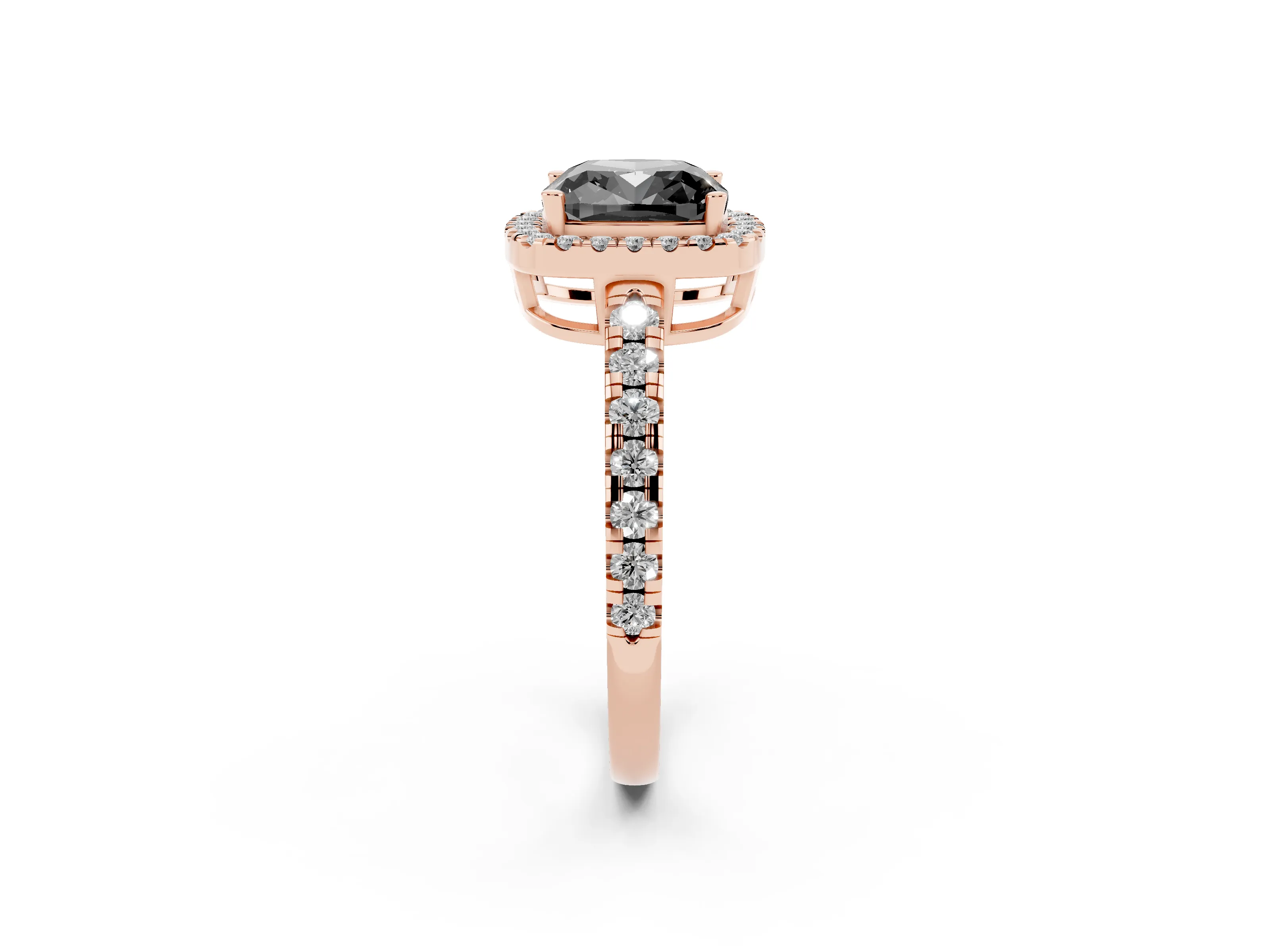 Fancy Black Cushion Cut Diamond Halo Ring Set in Rose gold with Delicate Pavé Band and Prong Setting