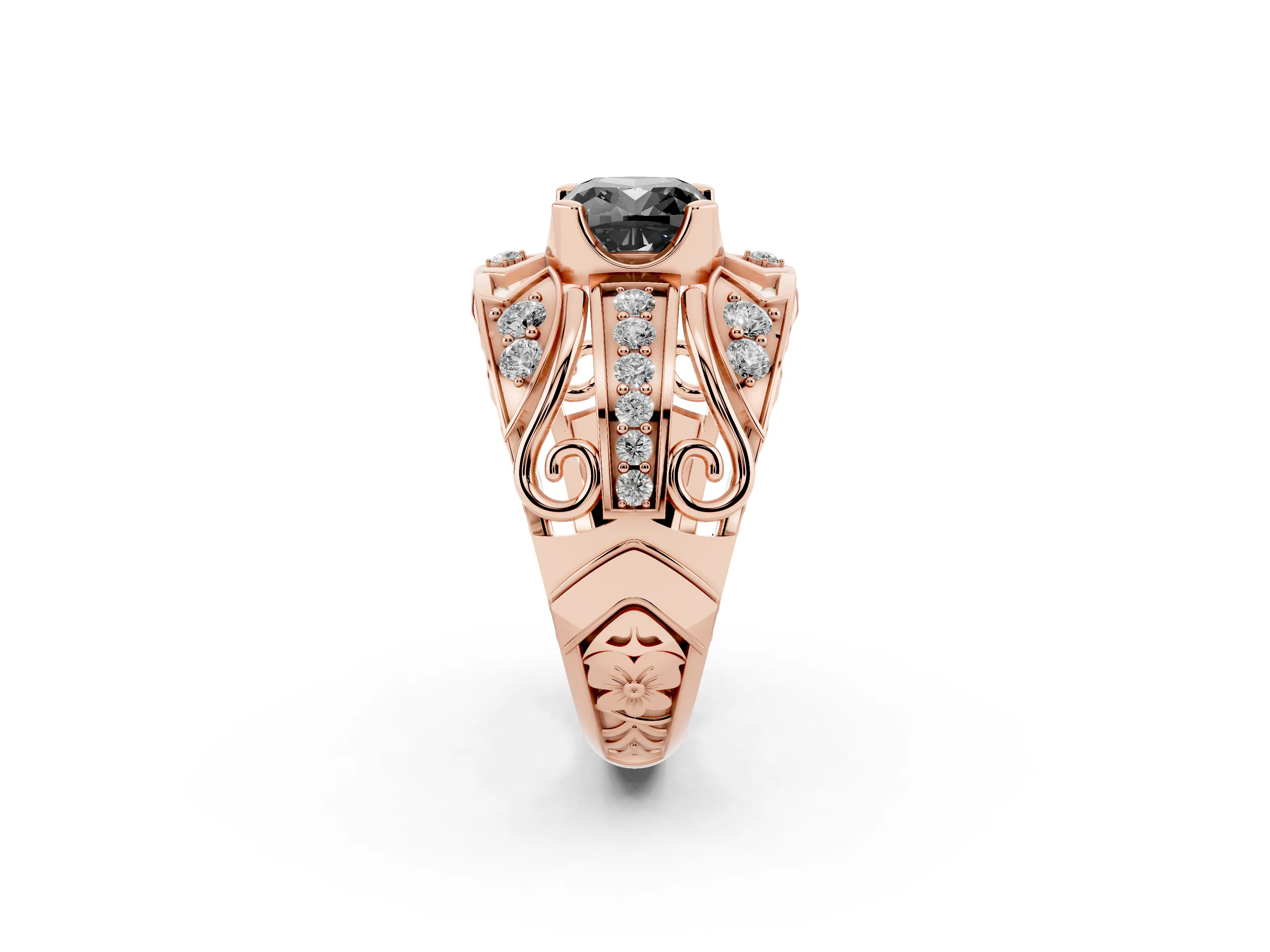 Fancy Black Cushion Cut Diamond Art Deco Ring Set in Rose gold with Pavé Split Shank