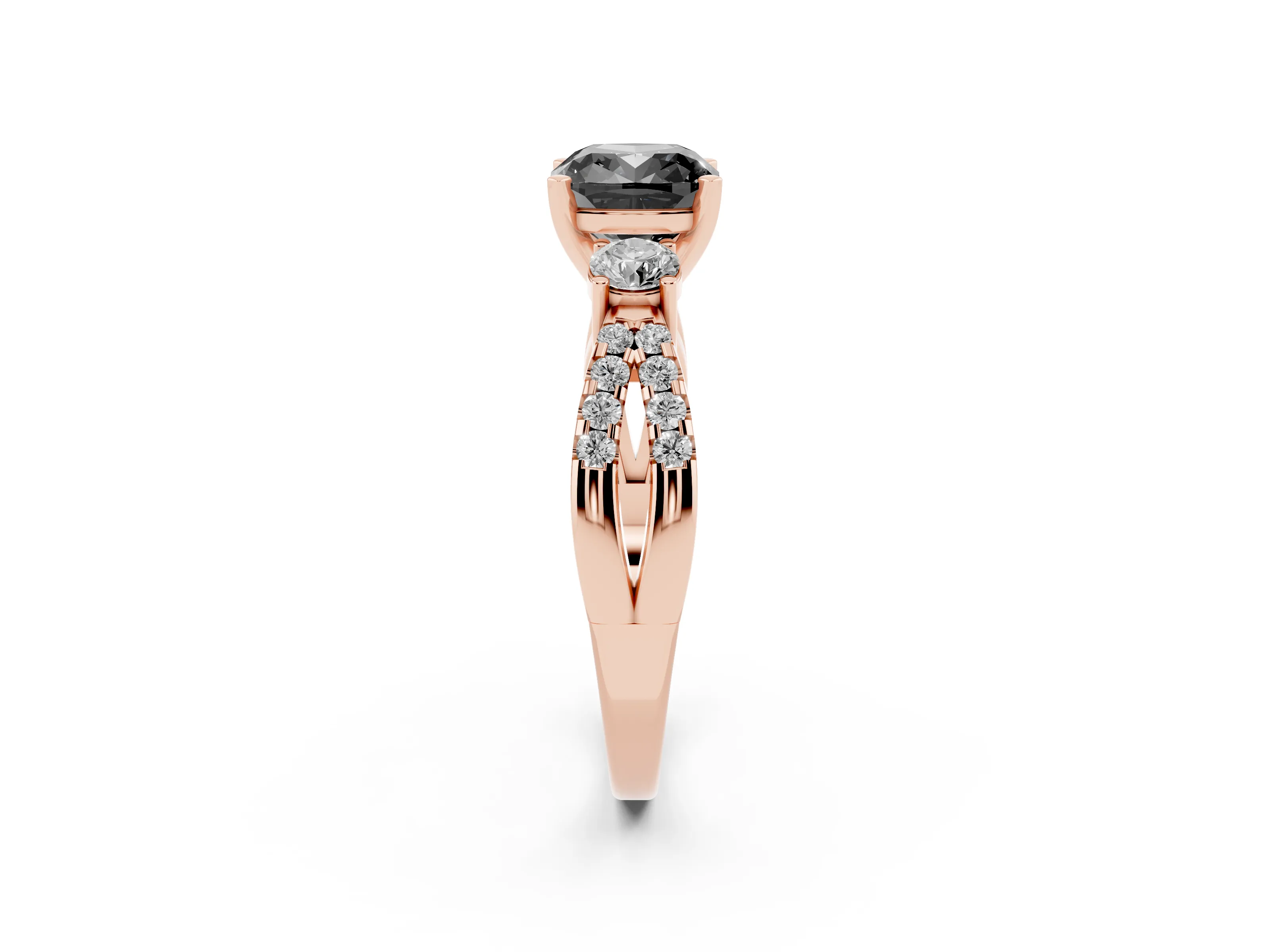 Fancy Black Cushion Cut Diamond Three-Stone Ring Set in Rose gold with Pavé Split Shank and Prong Setting