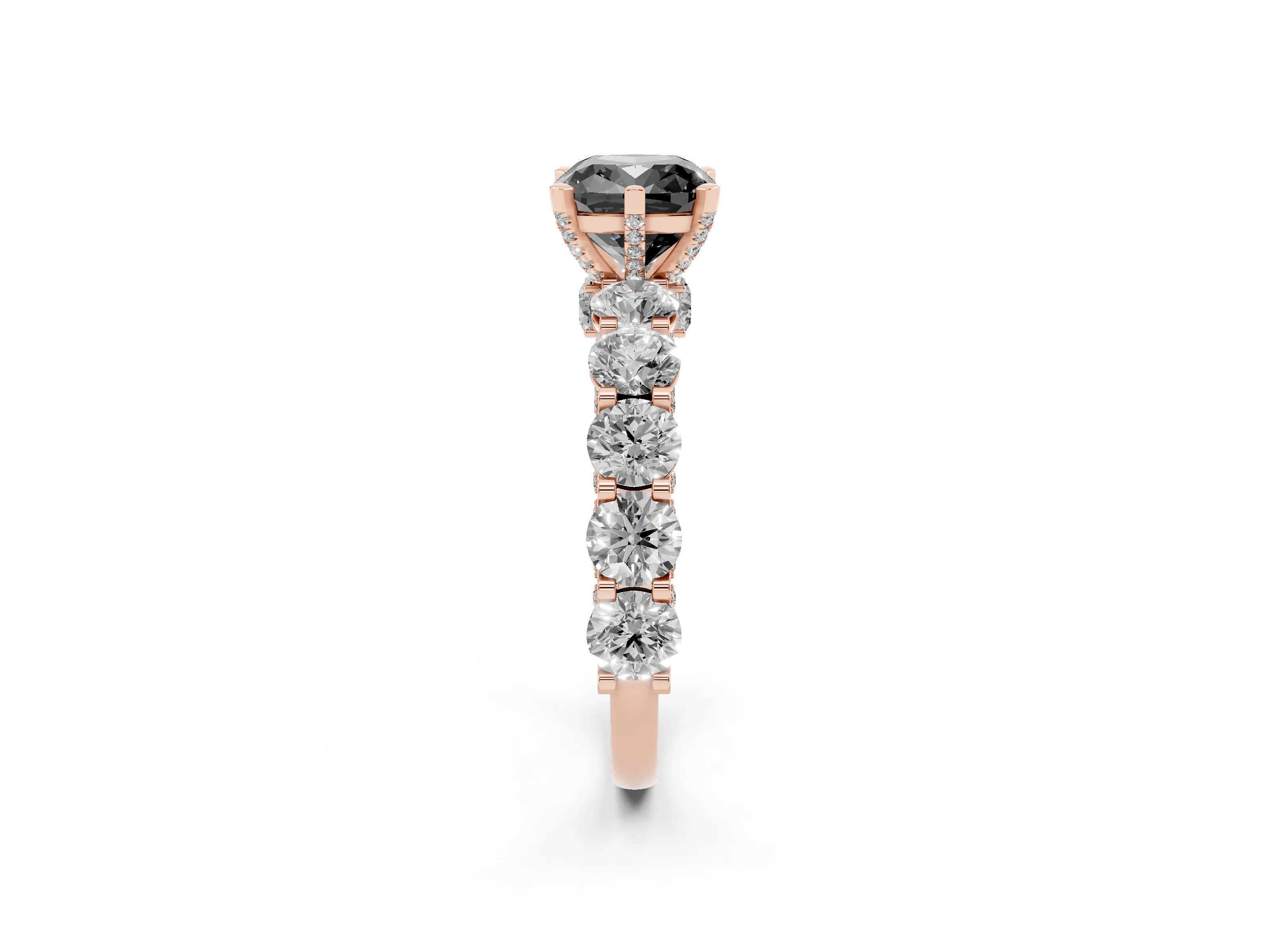 Fancy Black Cushion Cut Diamond Side Stone Ring Set in Rose gold with Alternating Round and Oval Side Stones