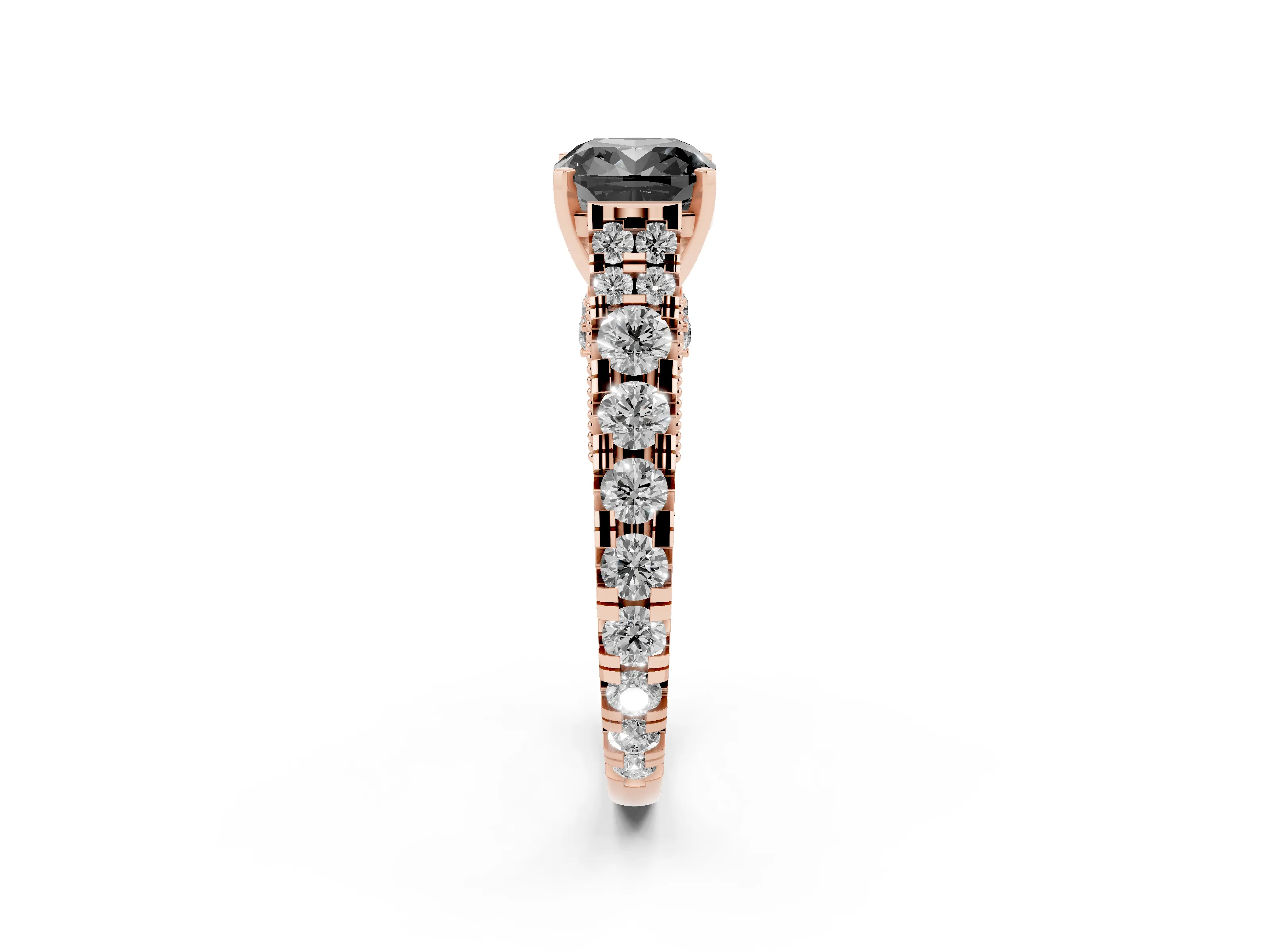 Fancy Black Cushion Cut Diamond Classic Solitaire Ring Set in Rose gold with Pavé Band and Prong Setting
