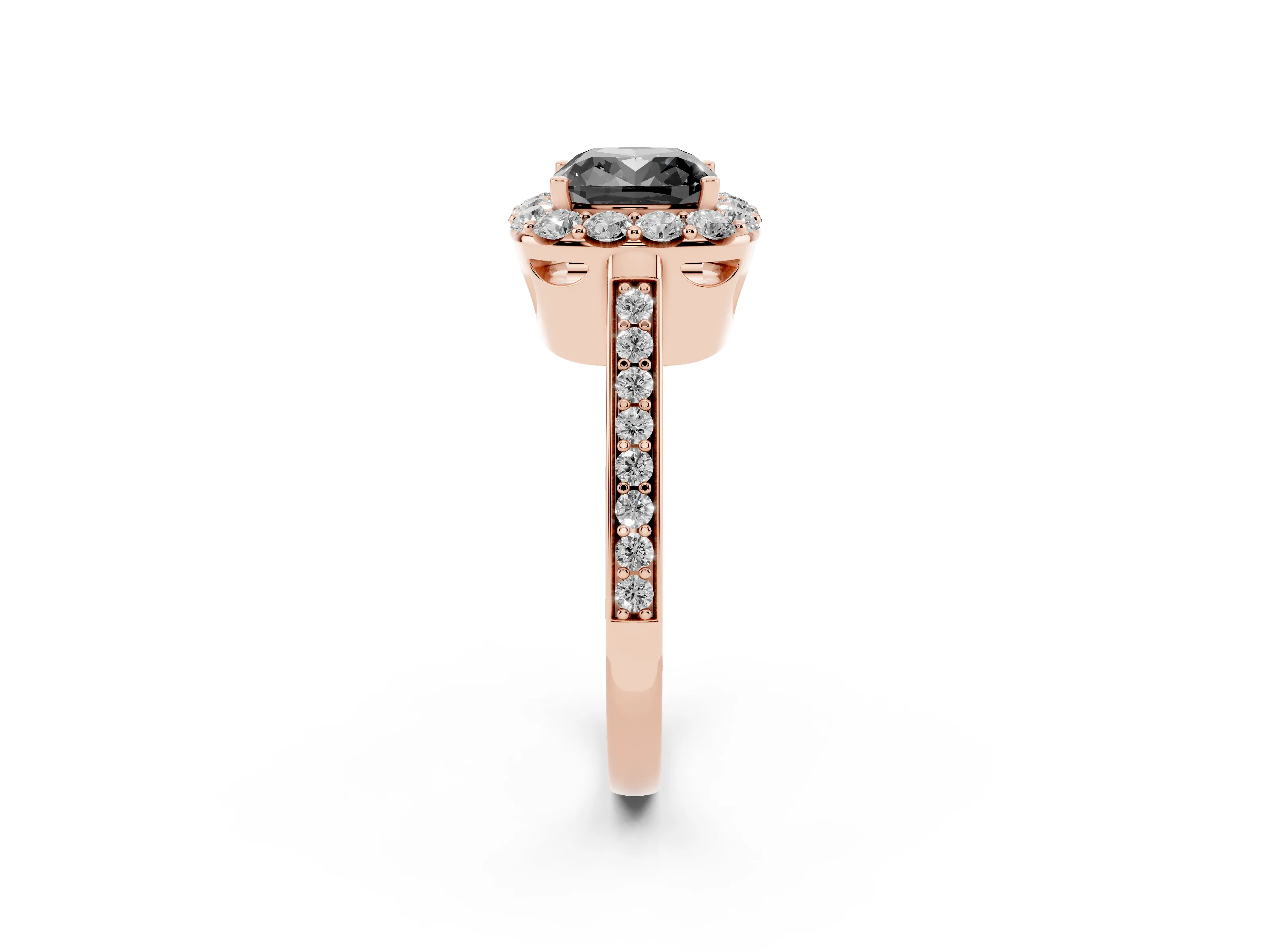 Fancy Black Cushion Cut Diamond Floral Halo Ring Set in Rose gold with Pavé Band and Prong Setting