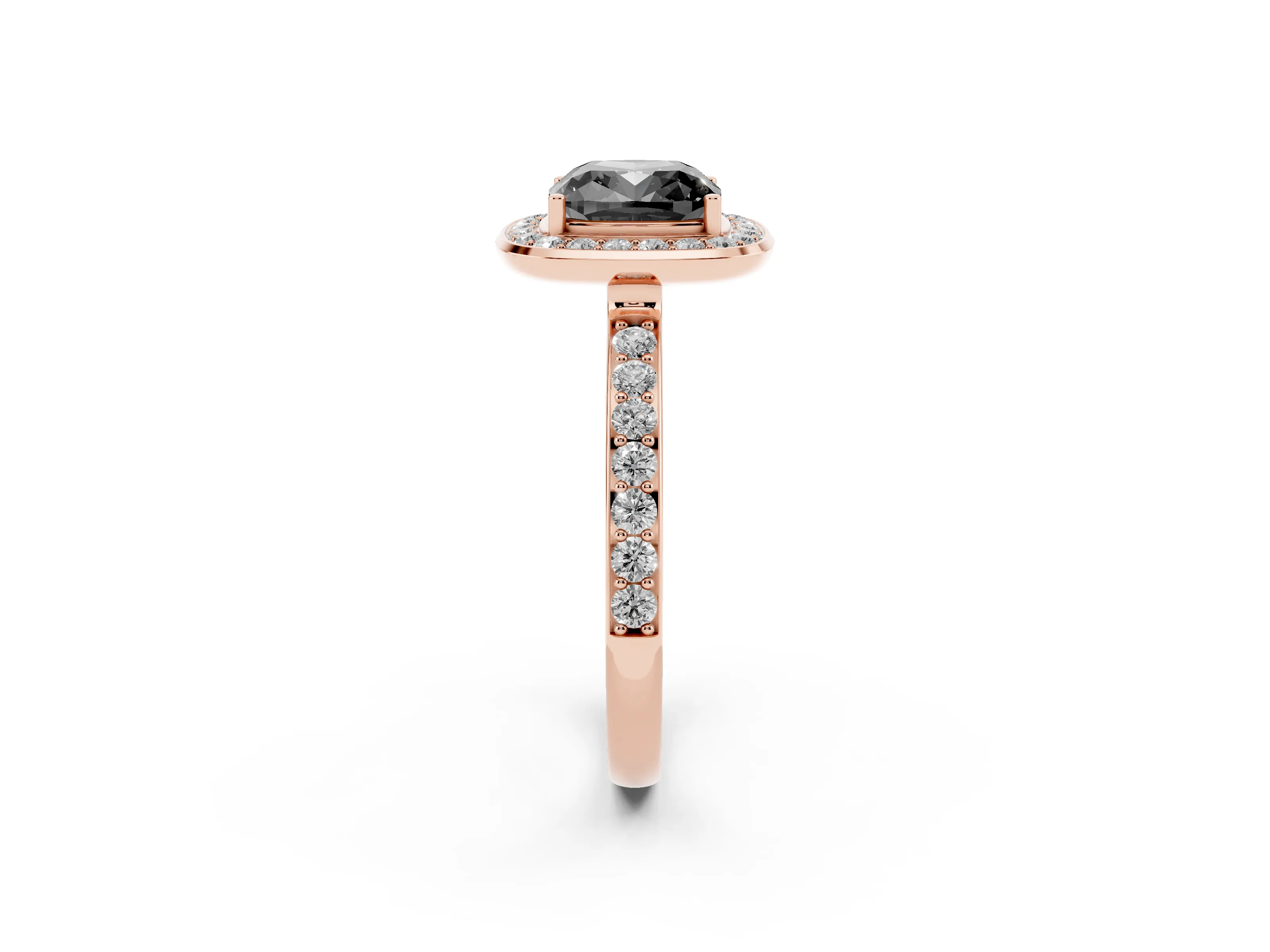 Fancy Black Cushion Cut Diamond Halo Ring Set in Rose gold with Bezel Frame and Pavé Band