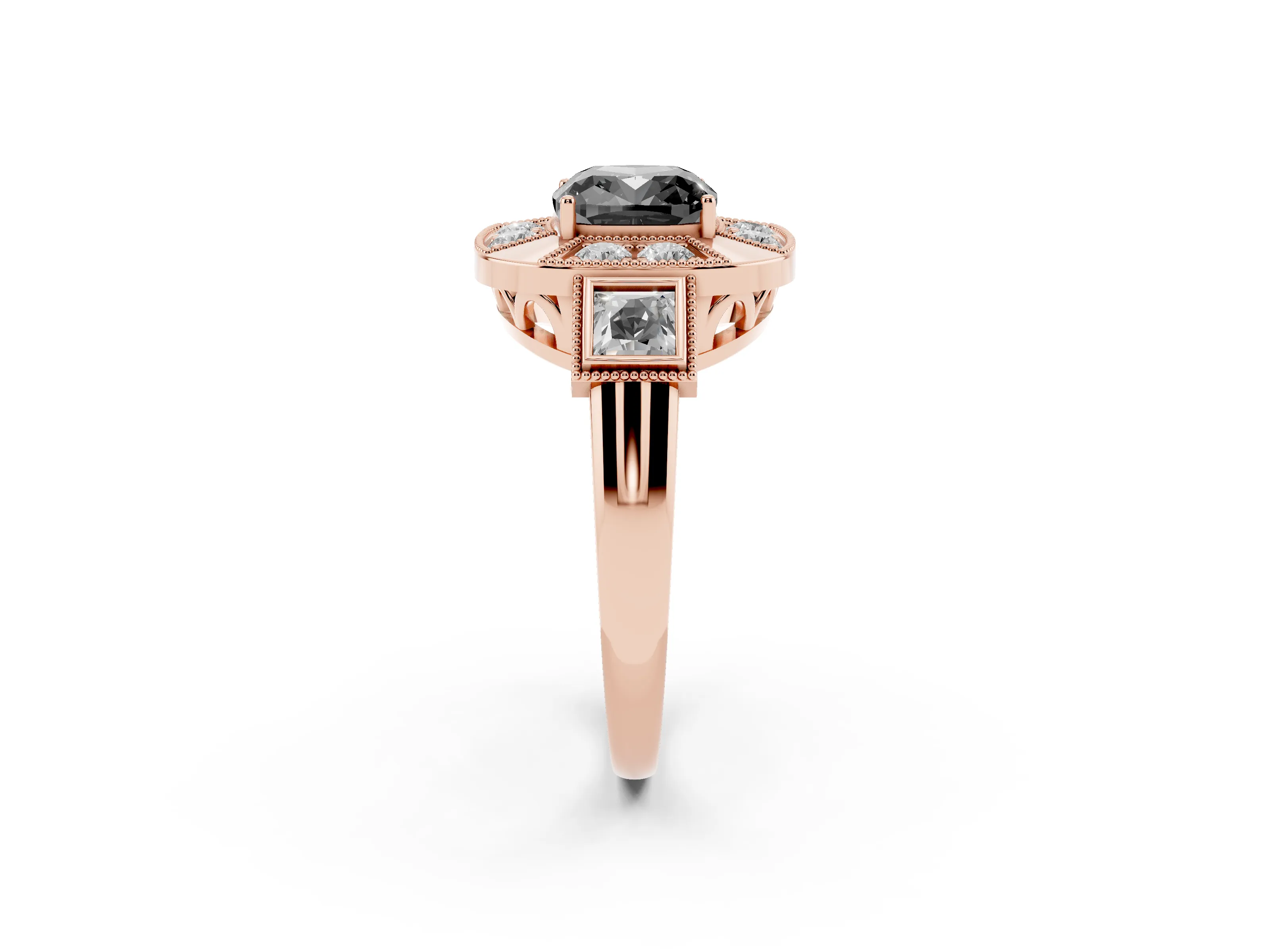 Fancy Black Cushion Cut Diamond Milgrain Halo Ring Set in Rose gold with Split Shank