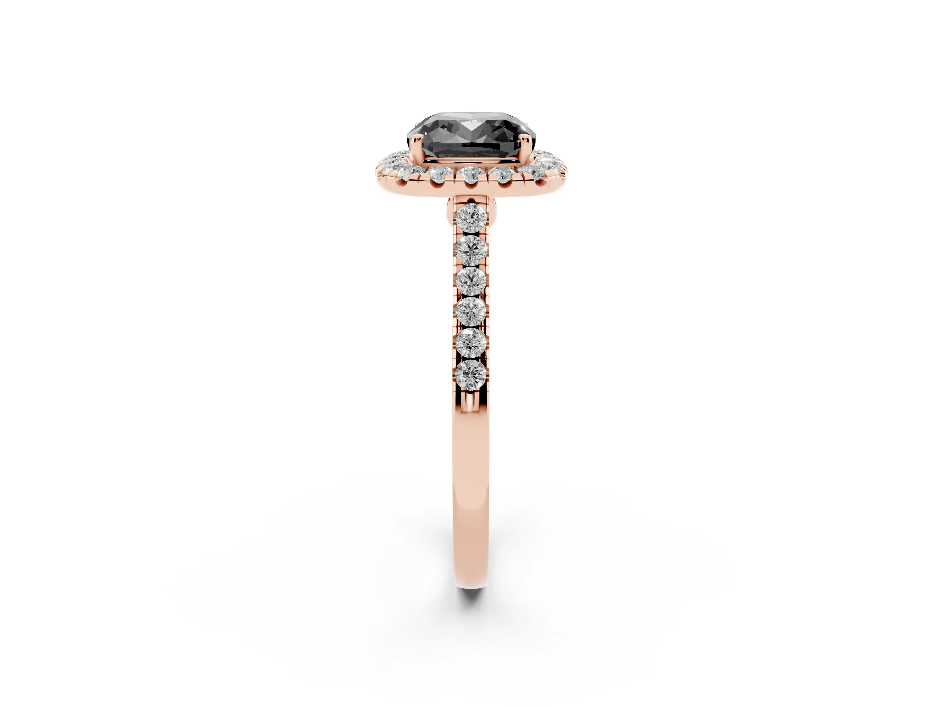 Fancy Black Cushion Cut Diamond Halo Pavé Engagement Ring Set in Rose gold with Prong Setting