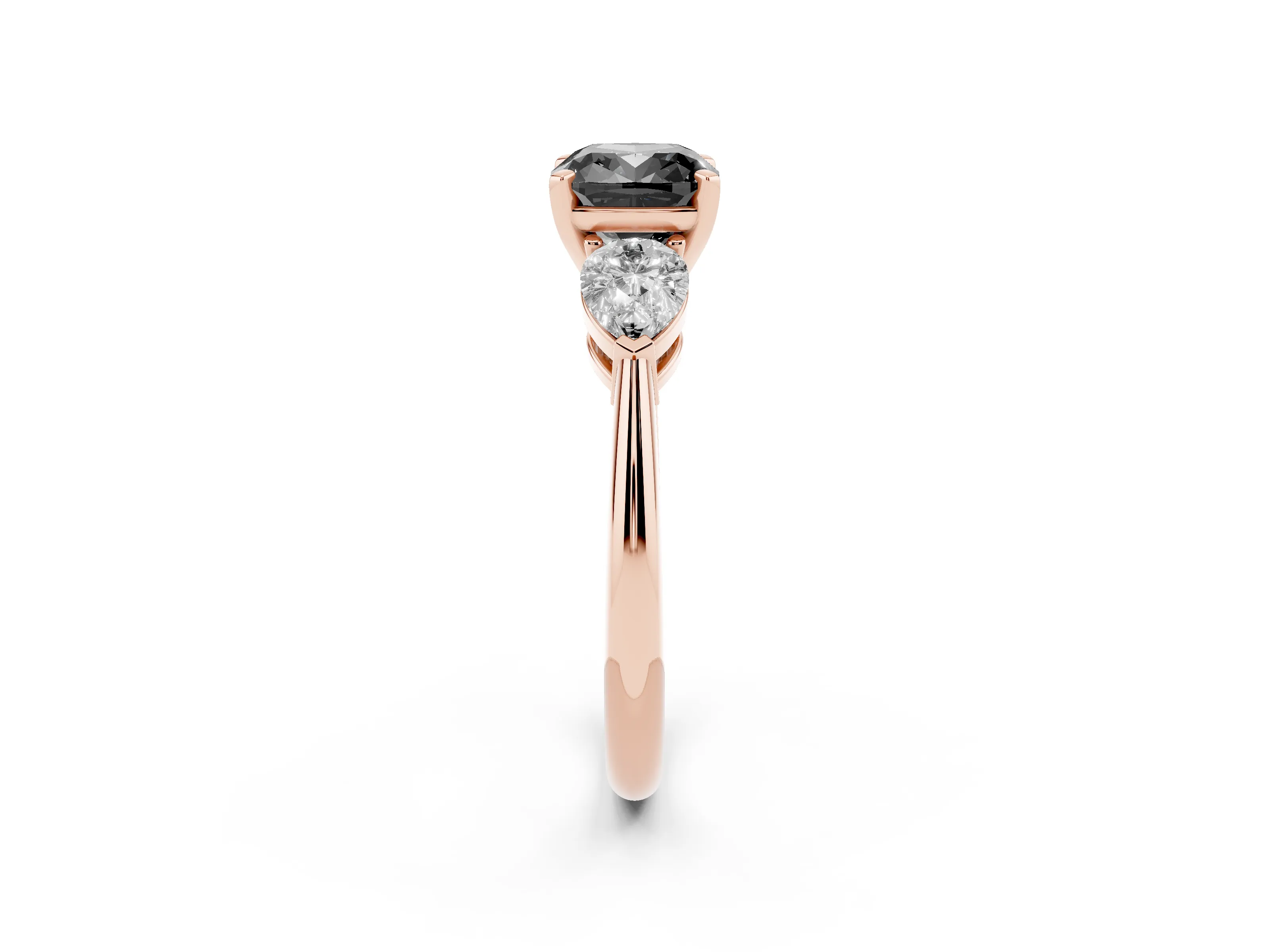 Fancy Black Three-Stone Cushion Cut Diamond Ring Set in Rose gold with Pear Side Stones and Prong Setting