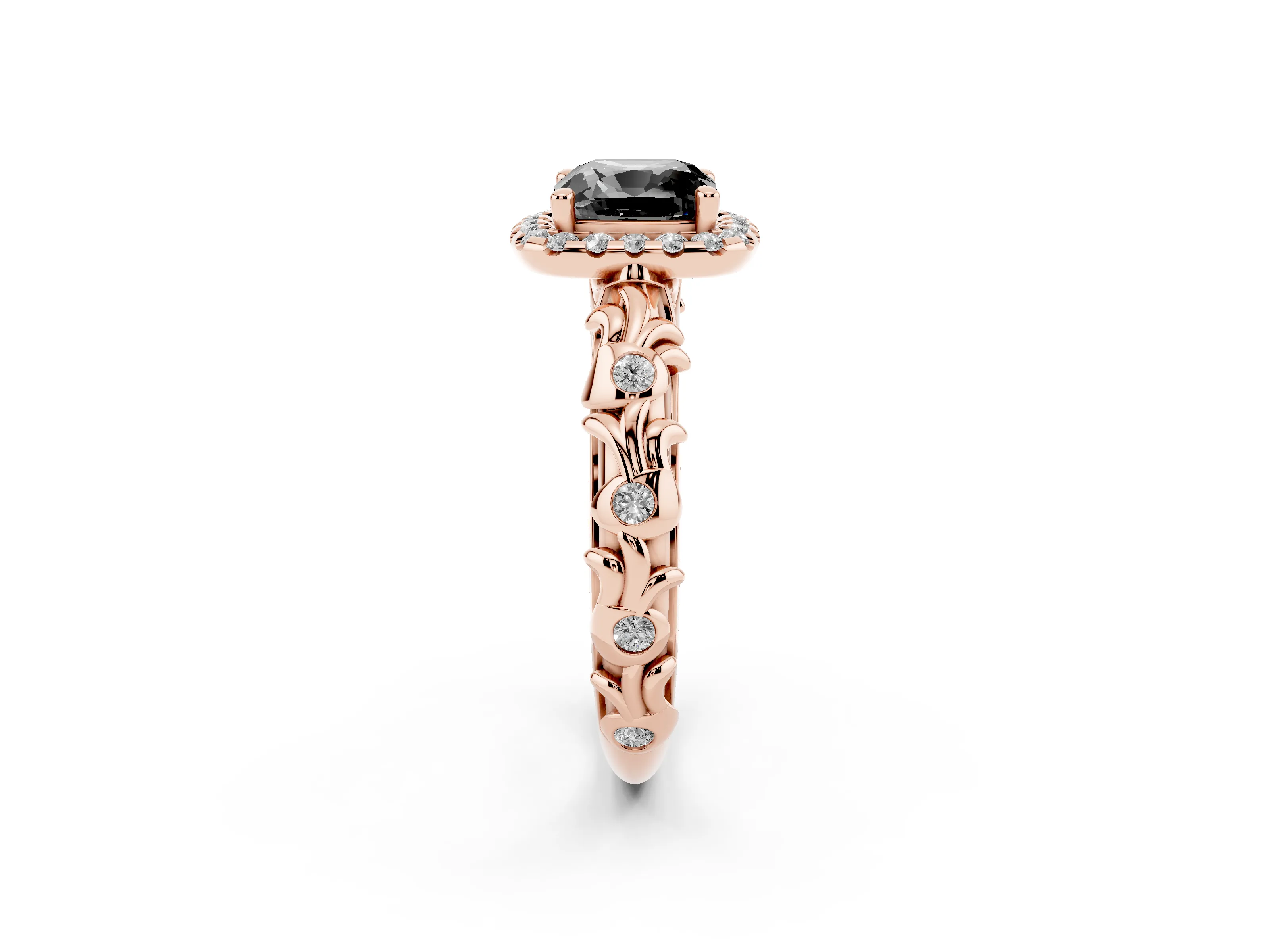 Fancy Black Cushion Cut Diamond Halo Ring Set in Rose gold with Filigree Leaf Band and Prong Setting
