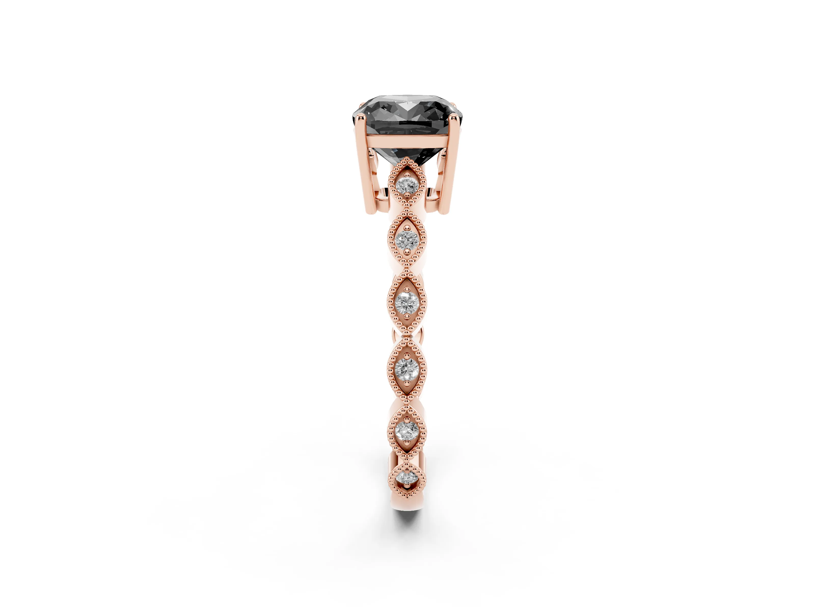 Fancy Black Cushion Cut Diamond Solitaire Ring Set in Rose gold with Infinity Twist Pavé Band