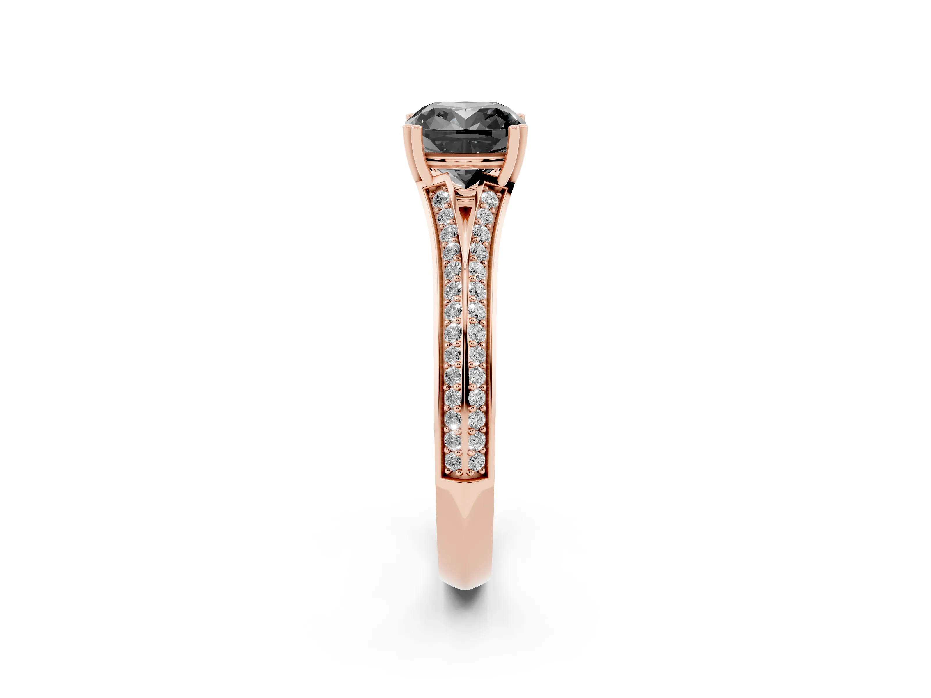 Fancy Black Cushion Cut Diamond Split Shank Pavé Engagement Ring Set in Rose gold with Prong-Set Center Stone