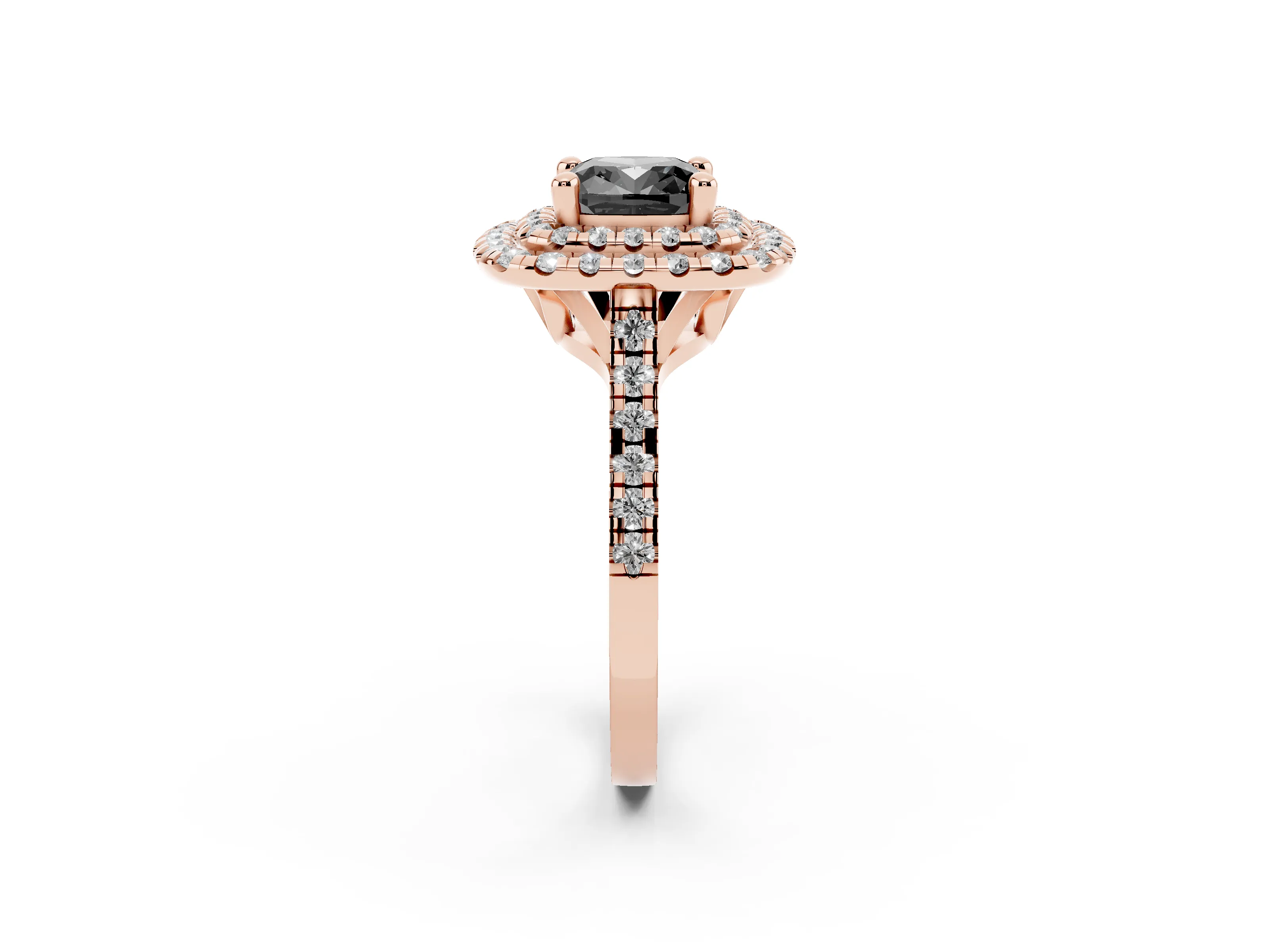 Fancy Black Cushion Cut Diamond Double Halo Statement Ring Set in Rose gold with Pavé Band