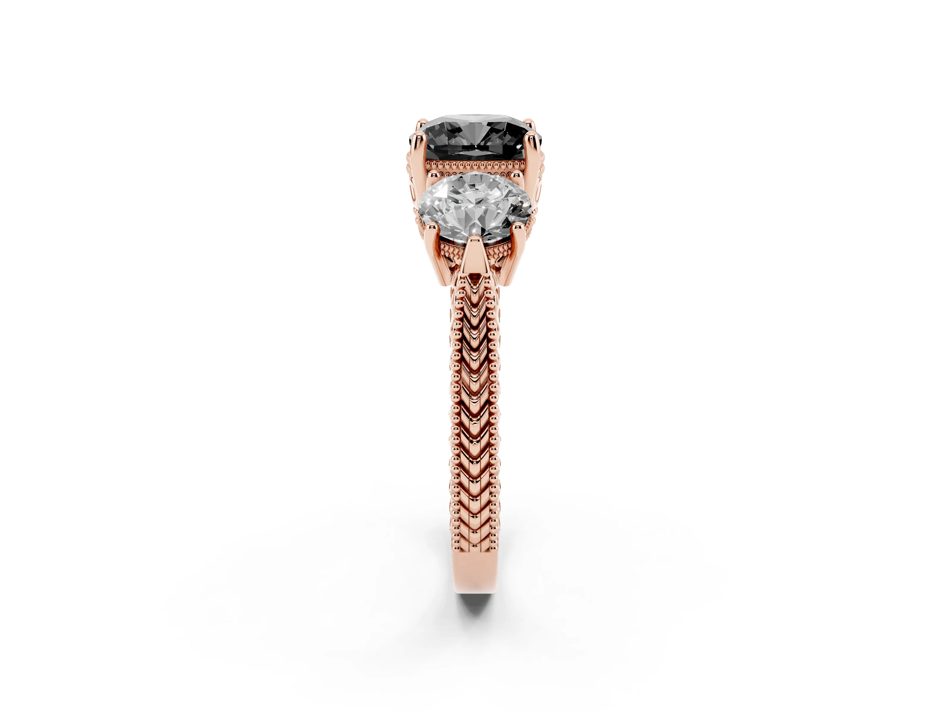 Fancy Black Cushion Cut Diamond Three-Stone Ring Set in Rose gold with Milgrain Band