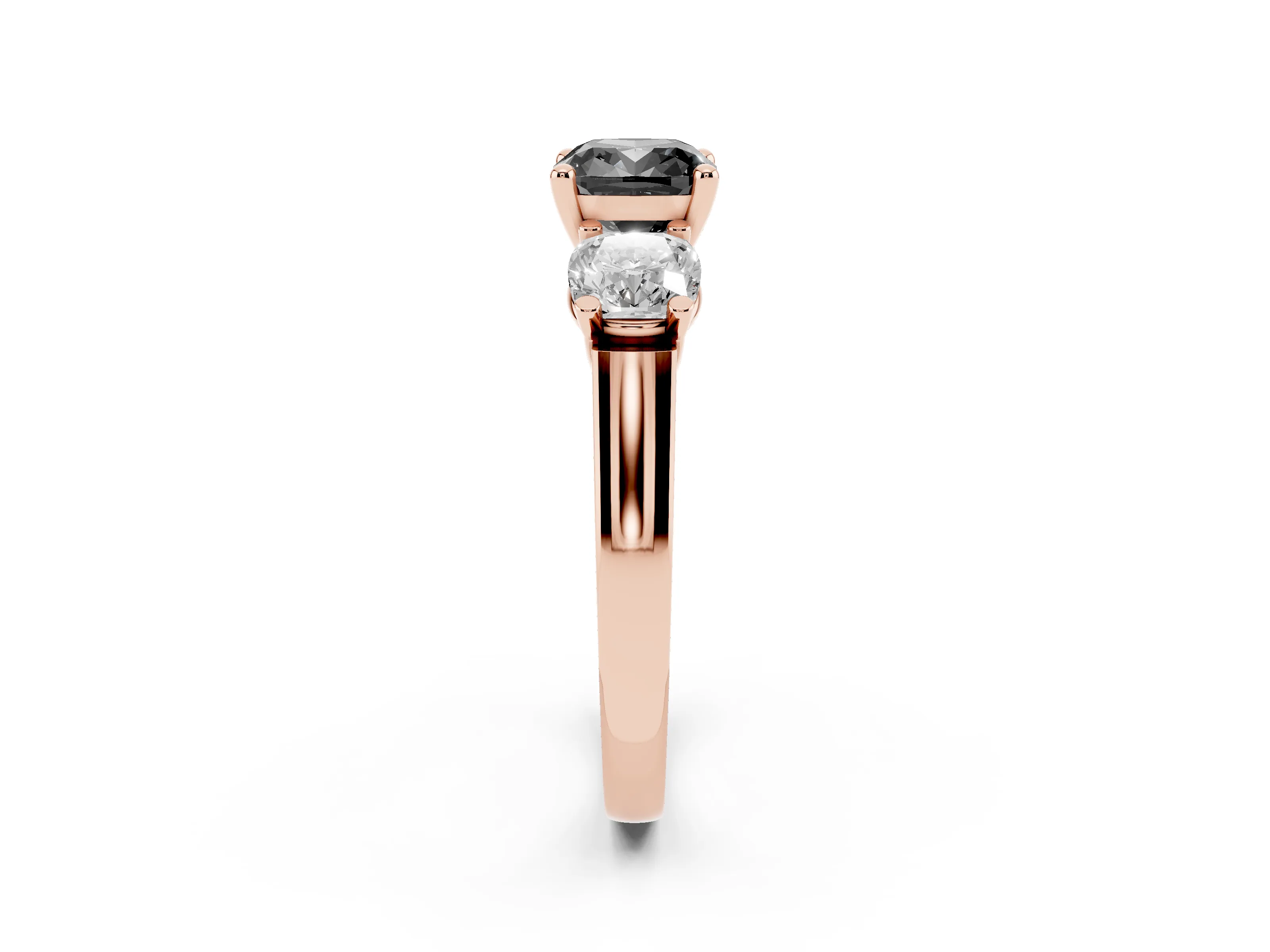 Fancy Black Cushion Cut Diamond Three-Stone Trellis Ring Set in Rose gold with Comfort Fit Band