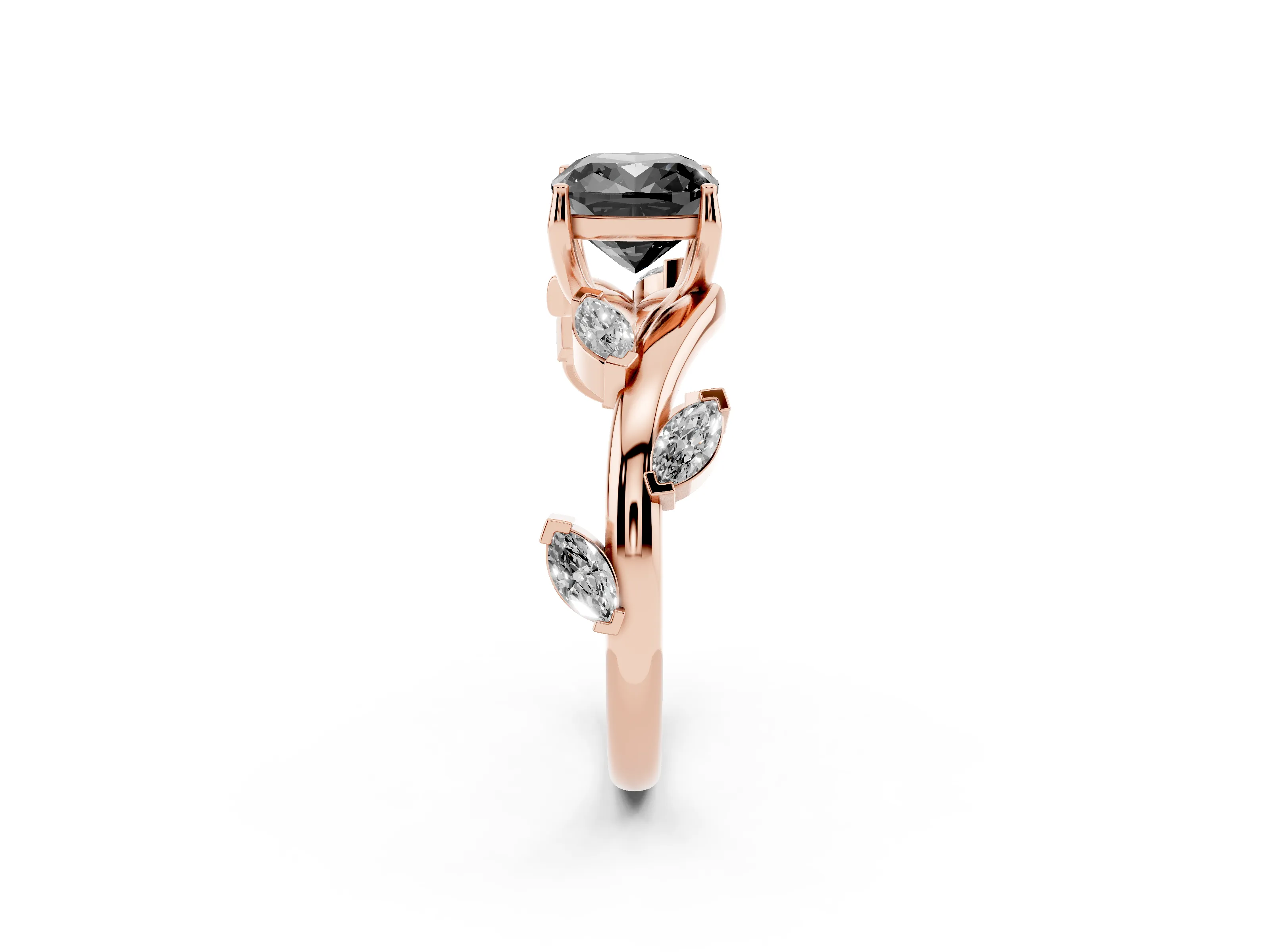 Fancy Black Cushion Cut Diamond Solitaire Ring Set in Rose gold with Twisted Marquise Accent Band