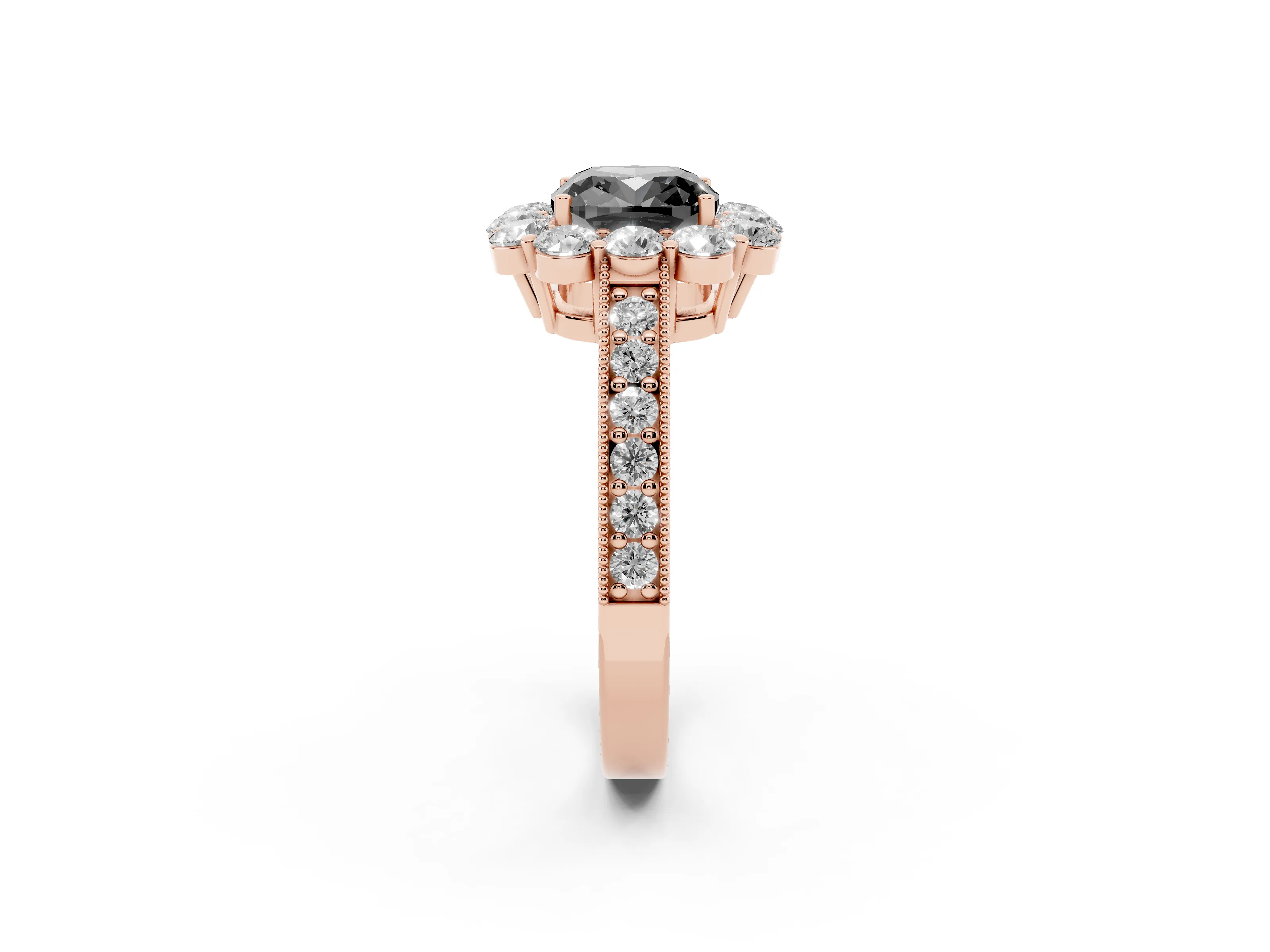 Fancy Black Cushion Cut Diamond Halo Pavé Engagement Ring Set in Rose gold with Milgrain Detailing