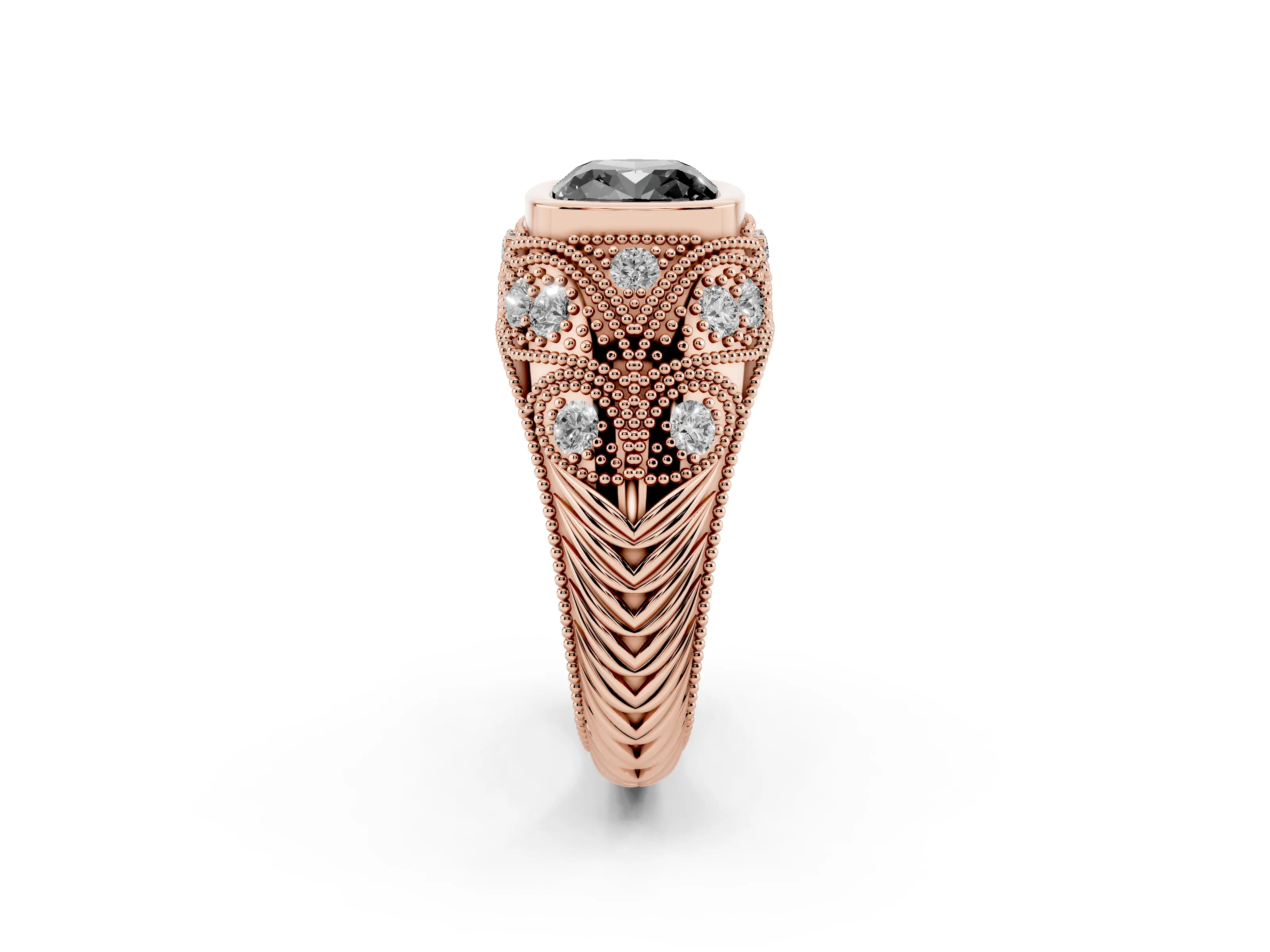 Fancy Black Cushion Cut Diamond Bezel Ring Set in Rose gold with Milgrain Accent Band