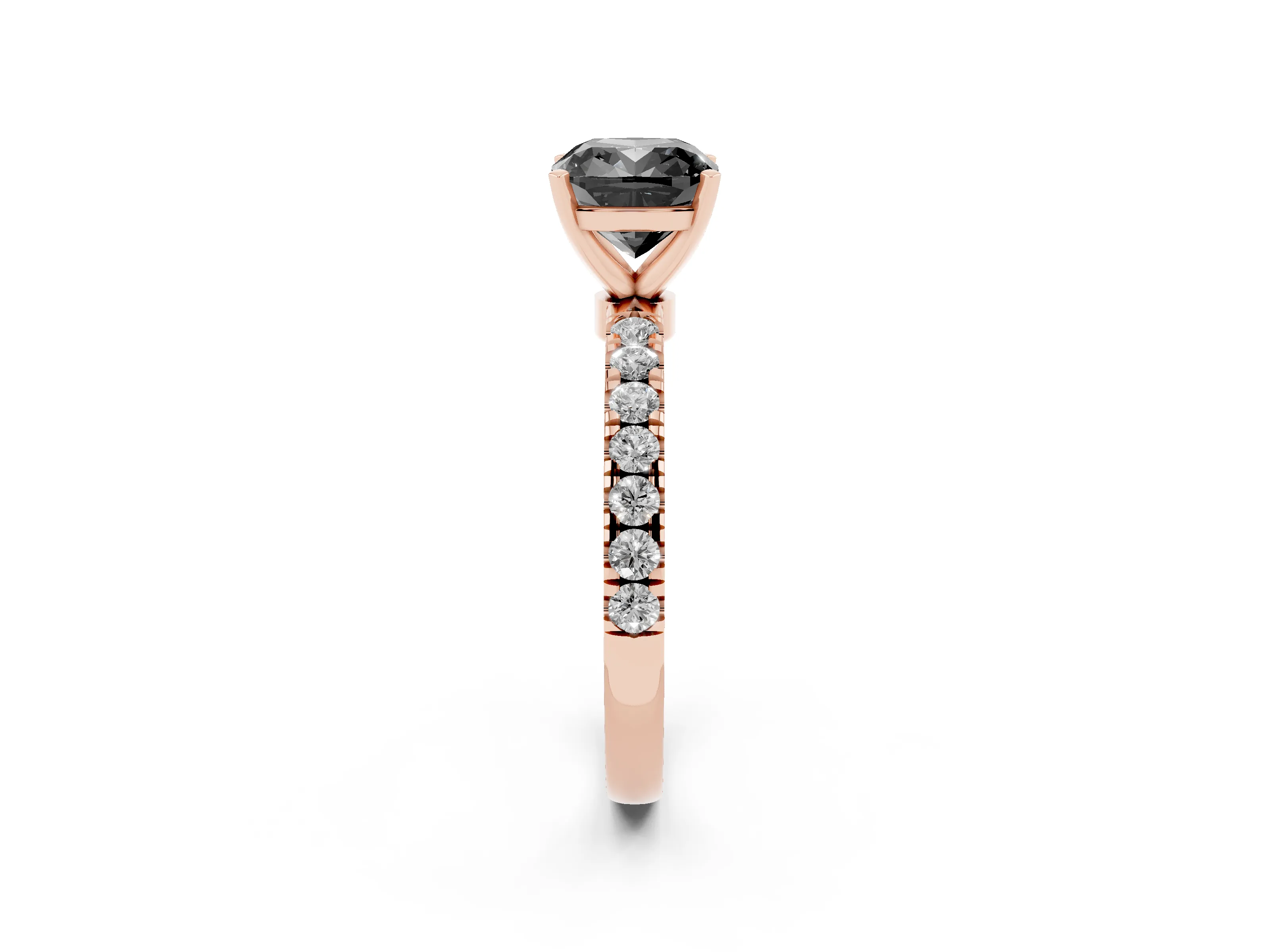 Fancy Black Cushion Cut Diamond Solitaire Ring Set in Rose gold with Pavé Accents and Prong Setting