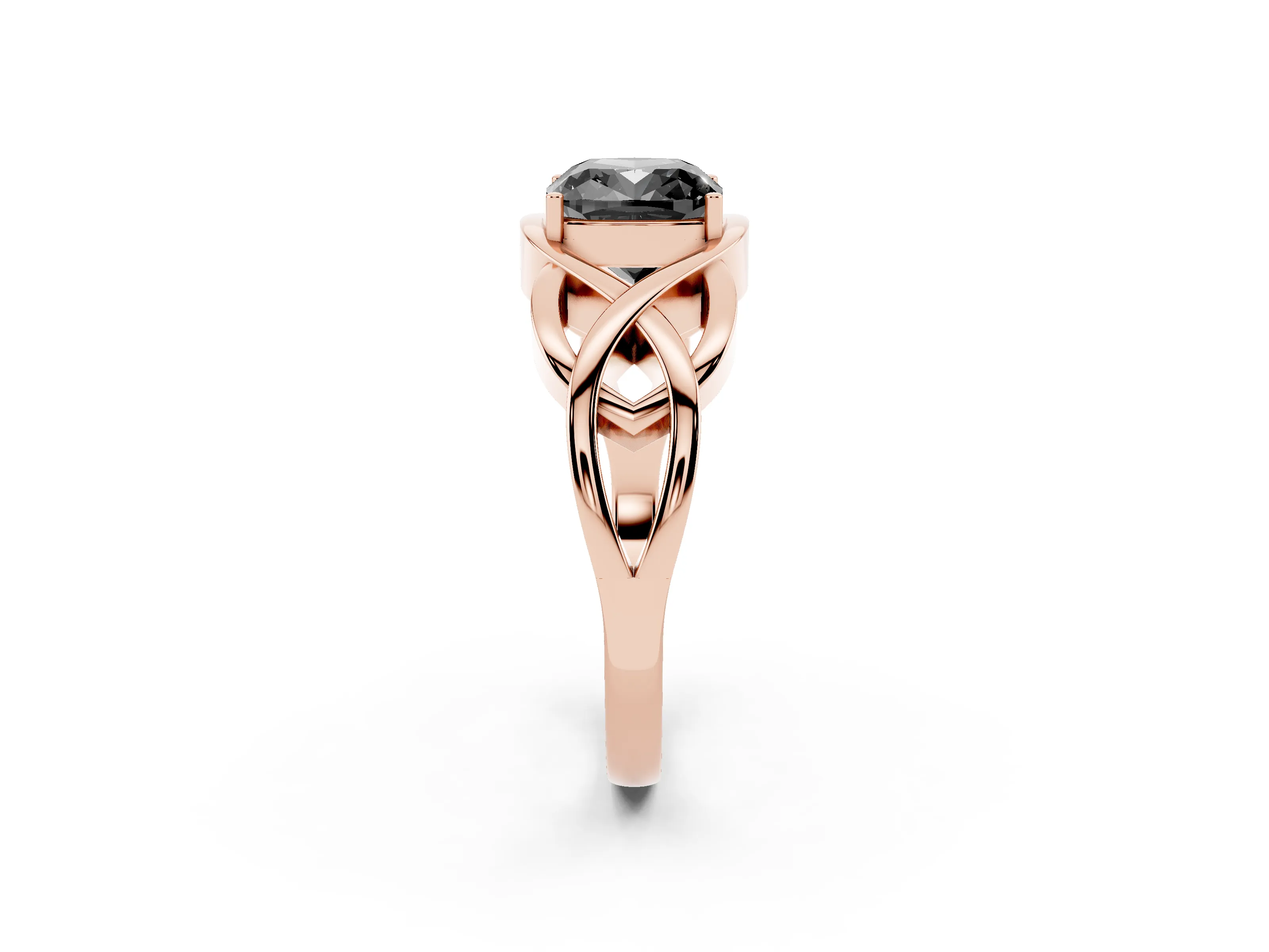 Fancy Black Cushion Cut Diamond Solitaire Ring Set in Rose gold with Intertwined Band