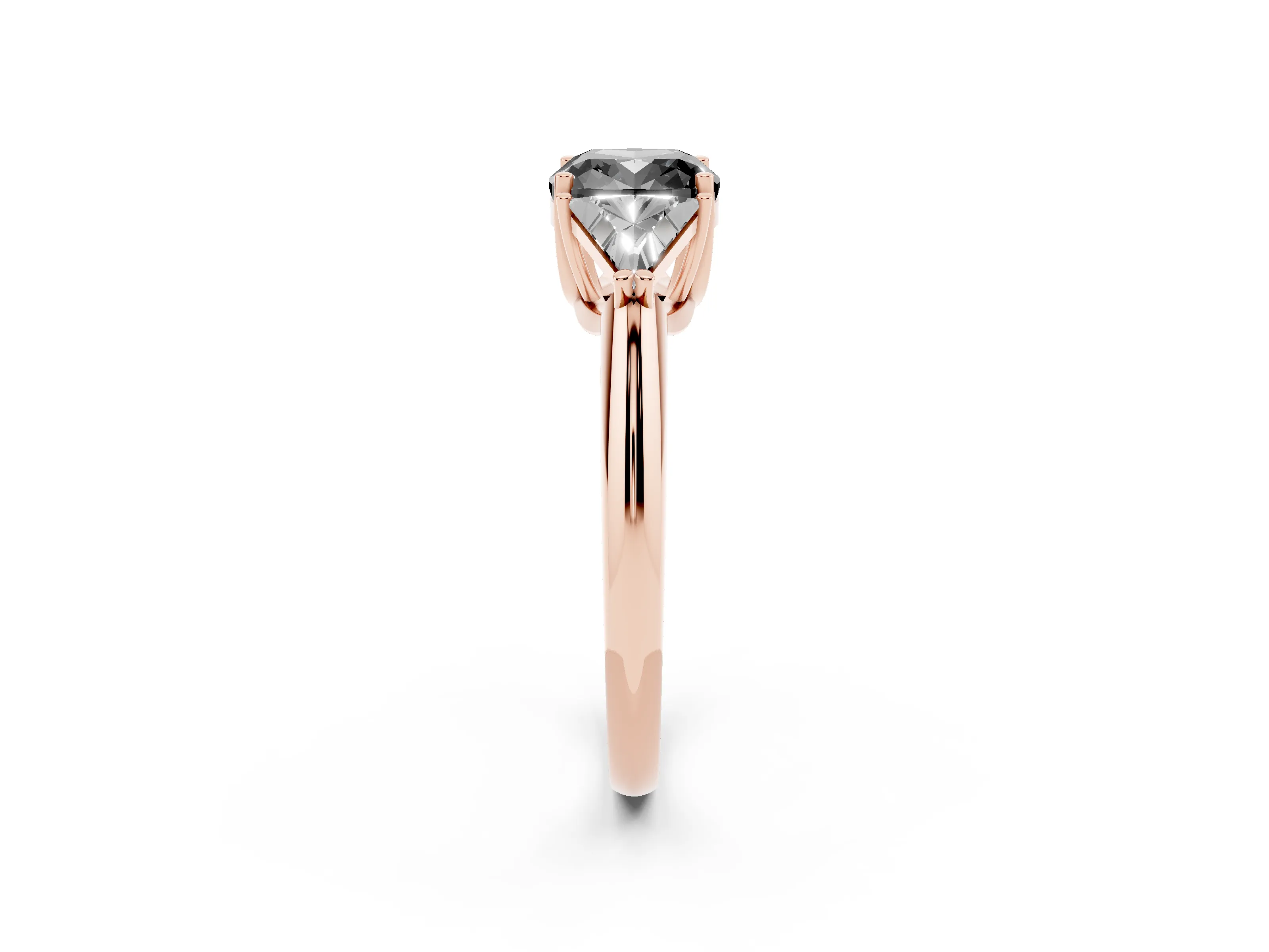 Fancy Black Cushion Cut Diamond Three-Stone Engagement Ring Set in Rose gold with Trillion Side Stones