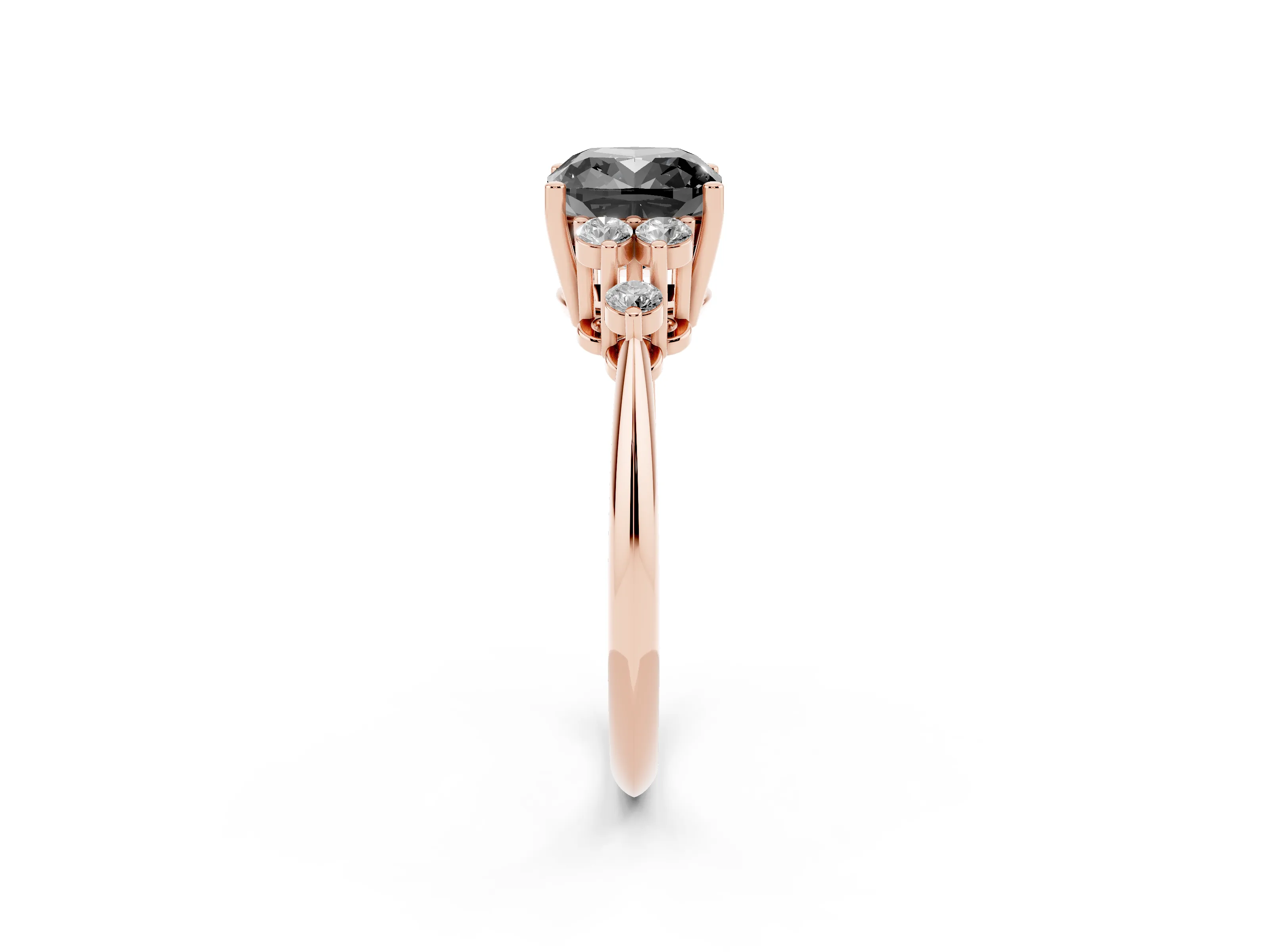 Fancy Black Cushion Cut Diamond Cluster Ring Set in Rose gold with Plain Band and Prong Setting
