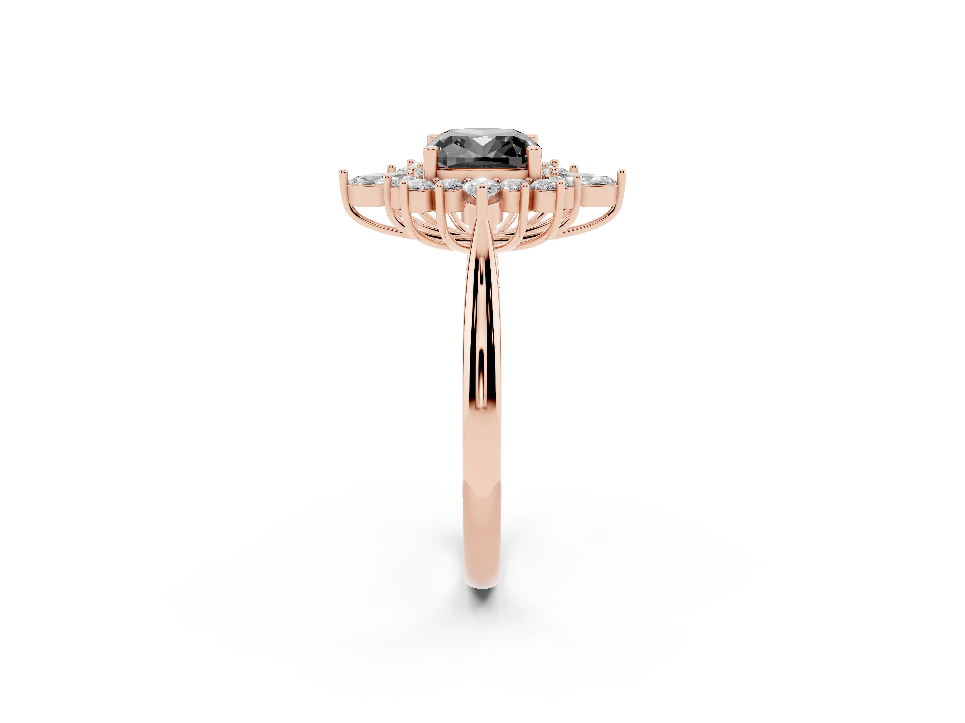 Fancy Black Cushion Cut Diamond Cluster Halo Ring Set in Rose gold with Marquise and Round Accents