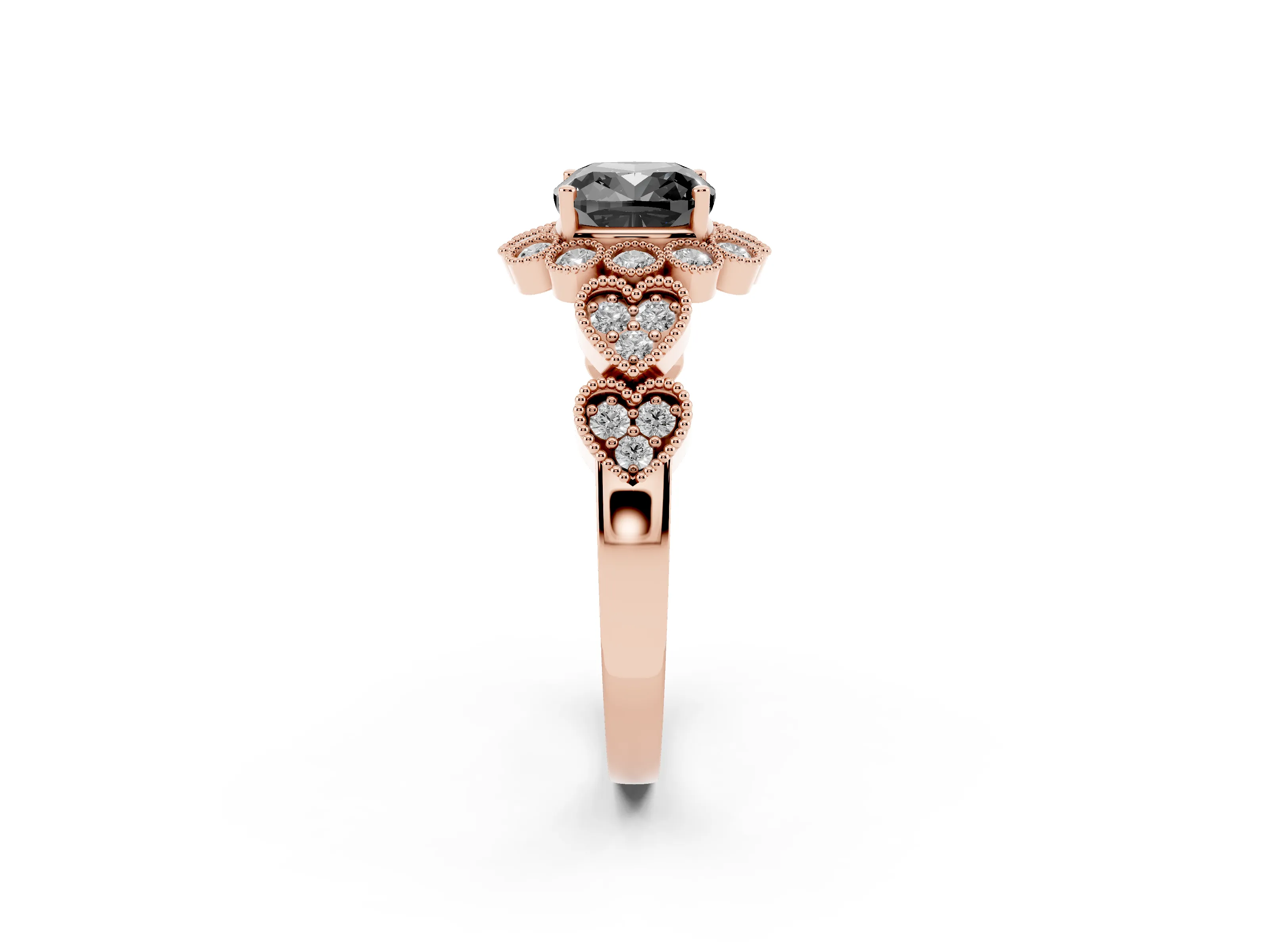 Fancy Black Cushion Cut Diamond Solitaire Ring Set in Rose gold with Milgrain Pavé Heart Band