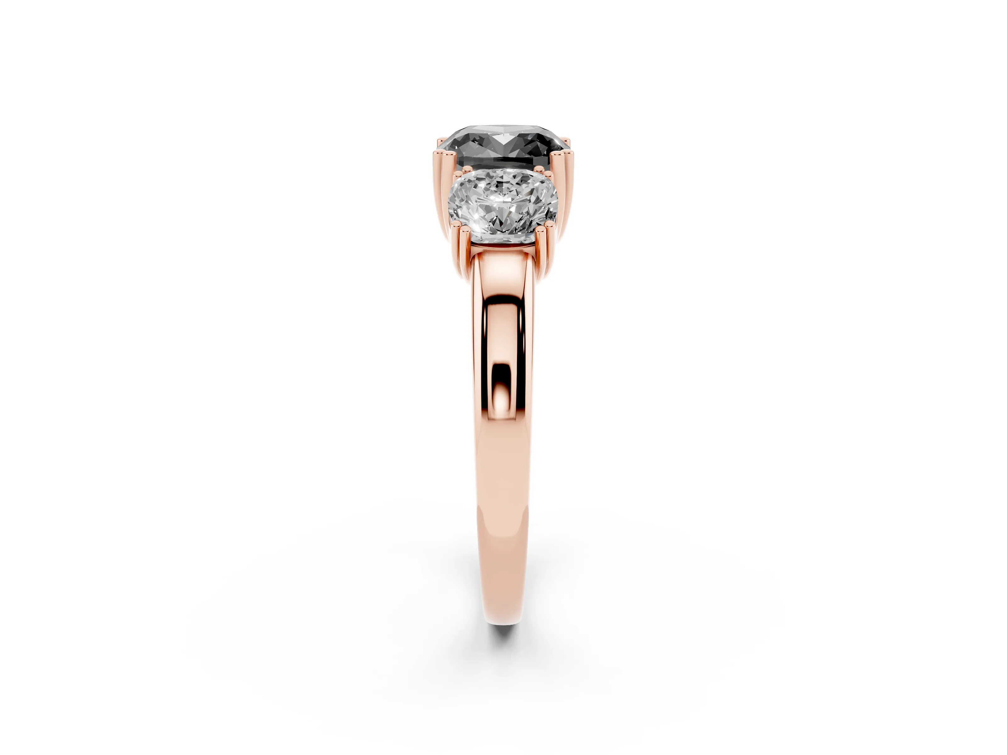 Fancy Black Cushion Cut Diamond Three-Stone Ring Set in Rose gold with Polished Band and Prong Setting
