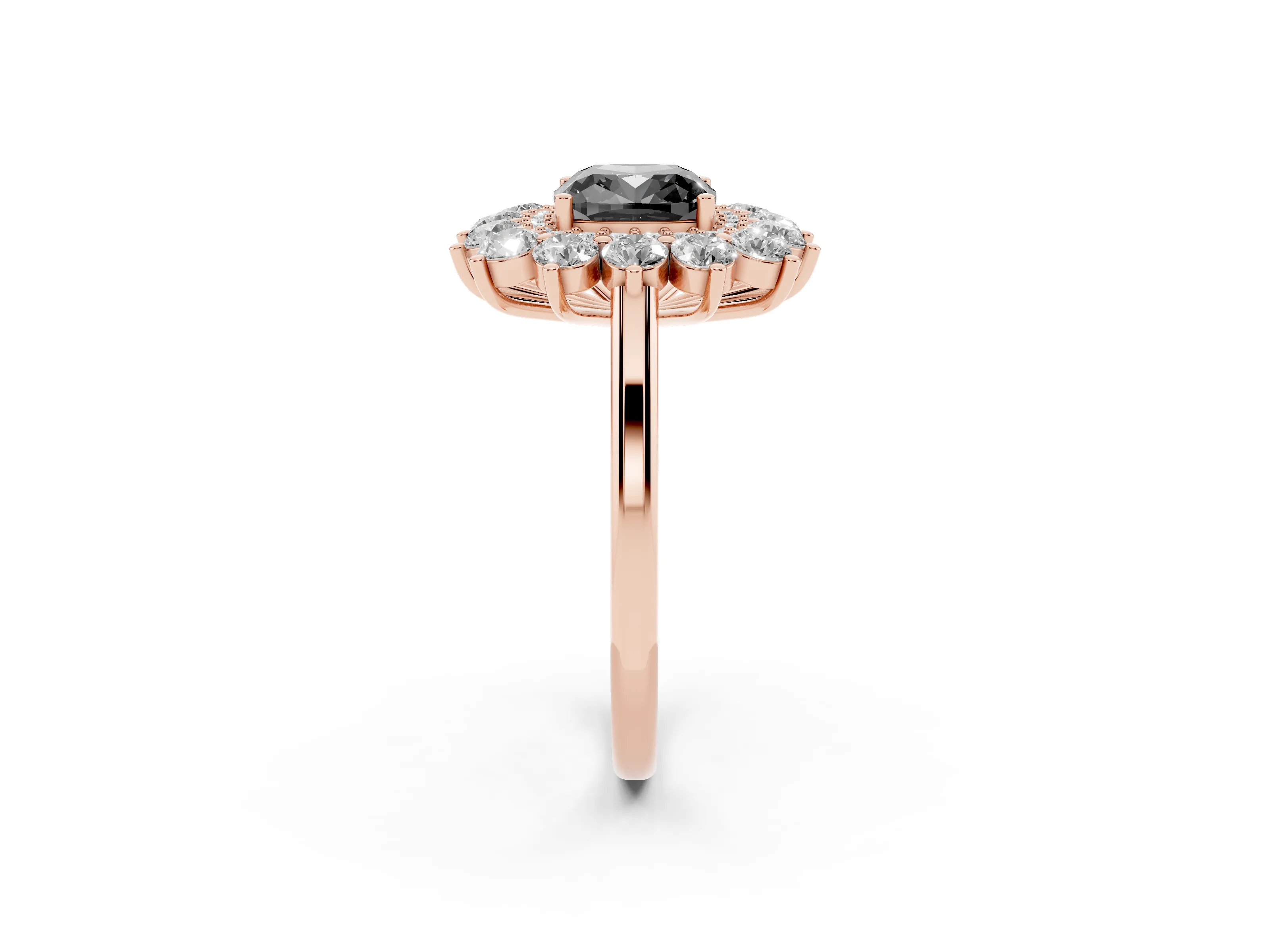 Fancy Black Cushion Cut Diamond Floral Double Halo Ring Set in Rose gold with Round Petals