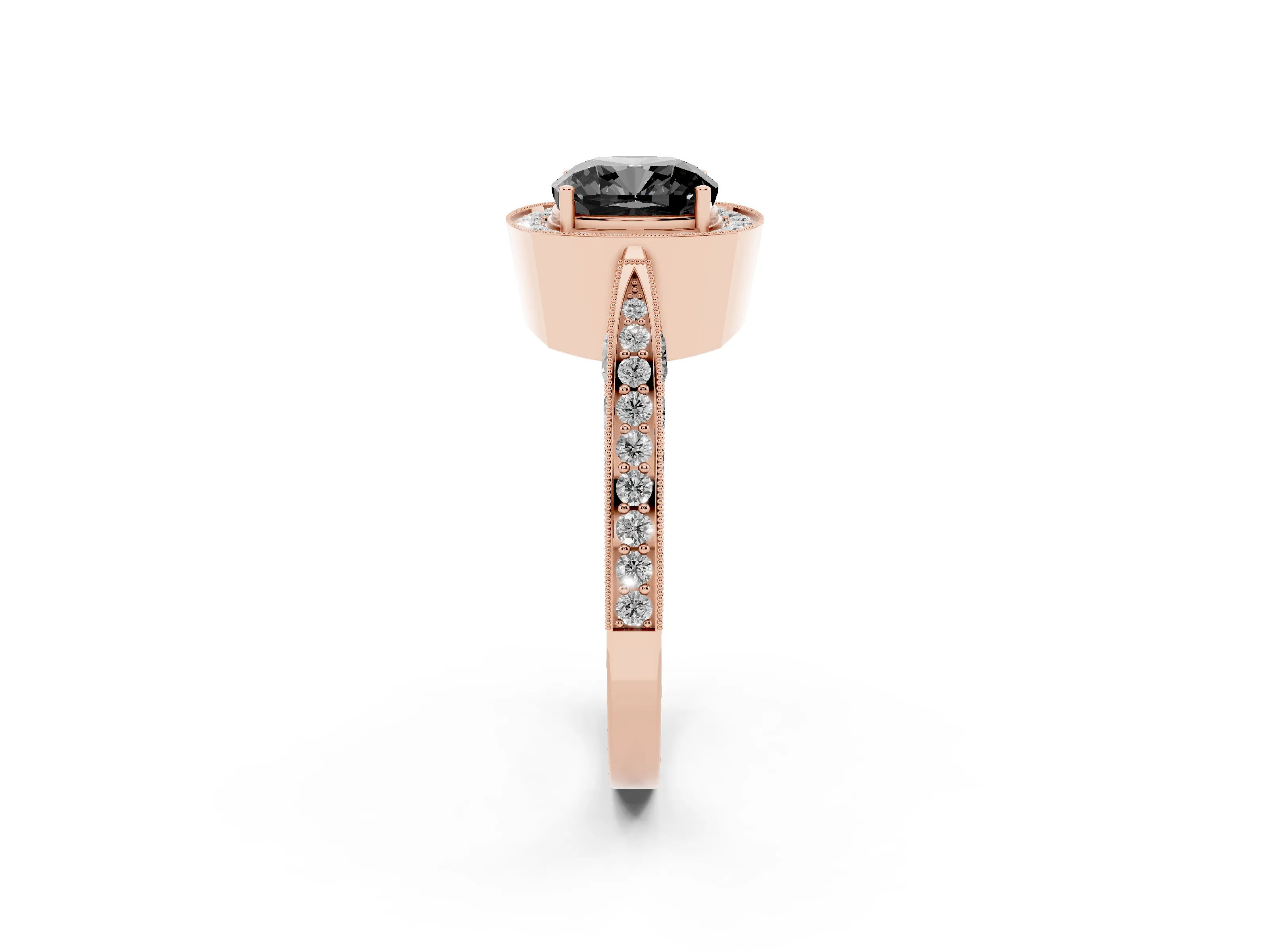 Fancy Black Cushion Cut Diamond Halo Engagement Ring Set in Rose gold with Accent Split Shank Band
