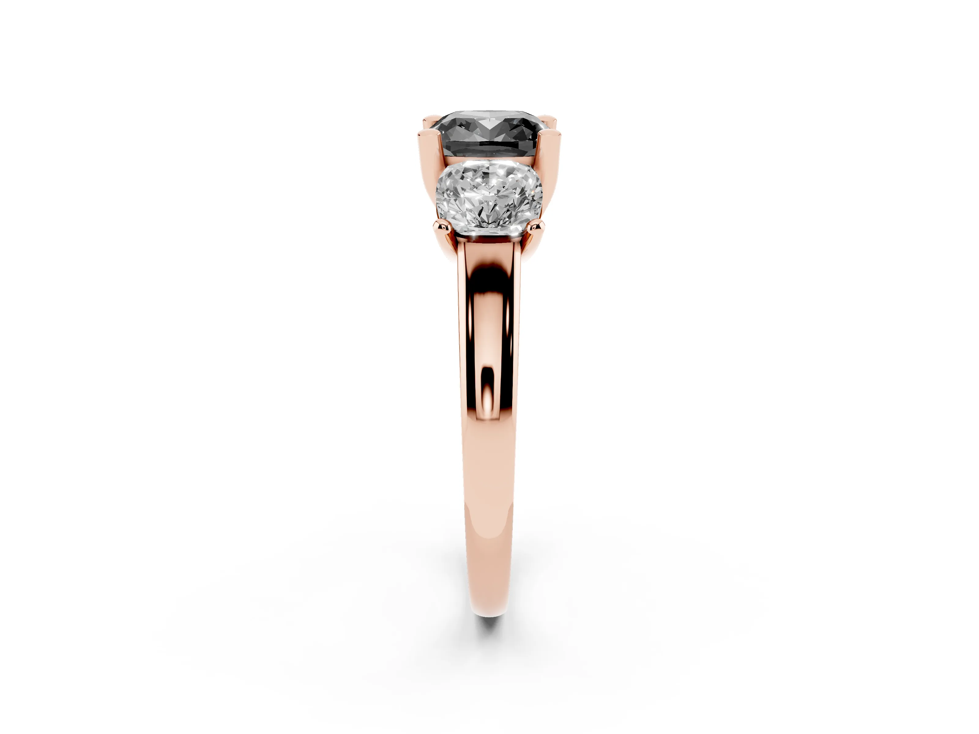 Fancy Black Cushion Cut Diamond Three-Stone Ring Set in Rose gold with Classic Prong Setting and Plain Band