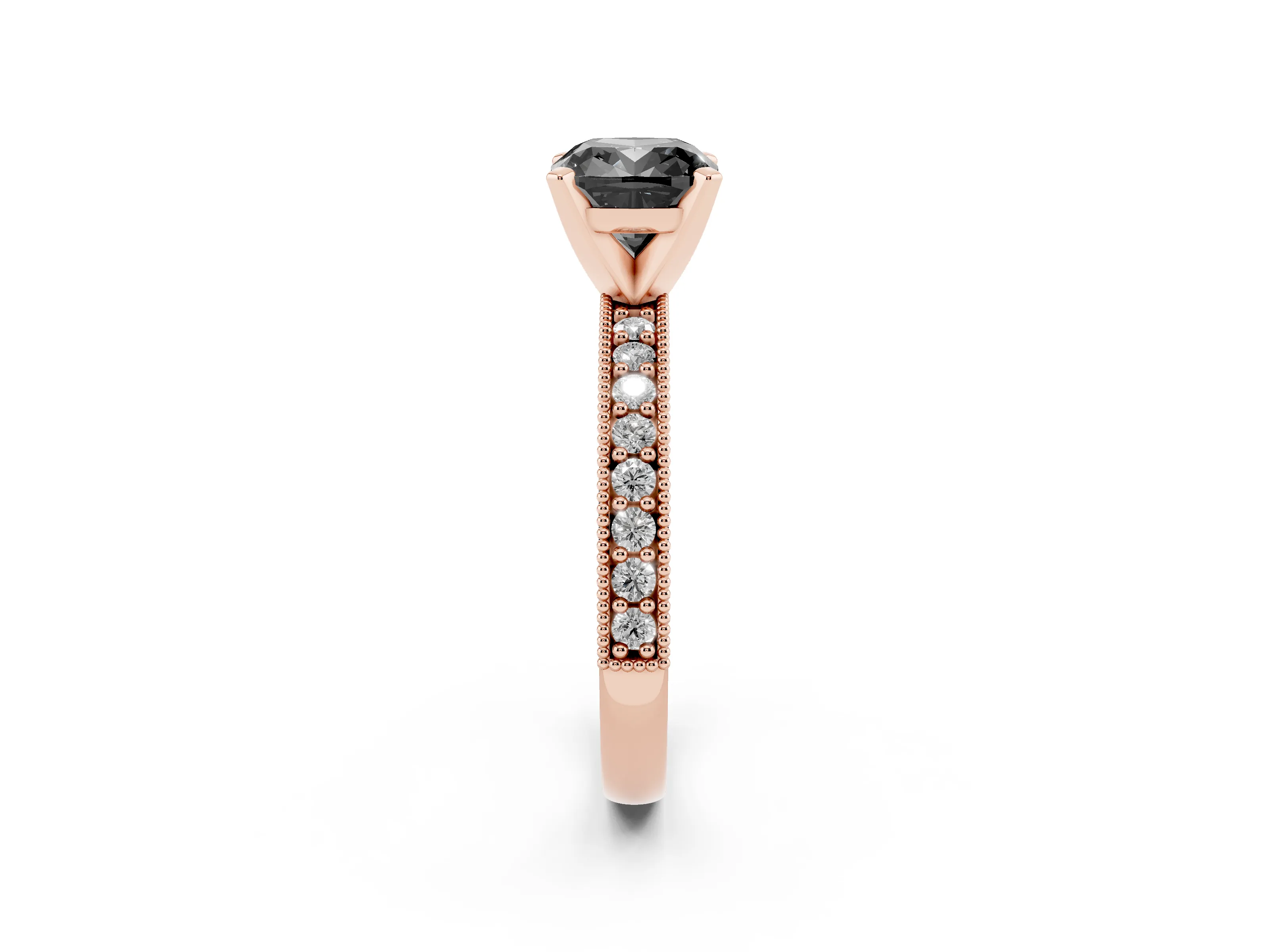 Fancy Black Cushion Cut Diamond Milgrain Pavé Engagement Ring Set in Rose gold with Prong Setting