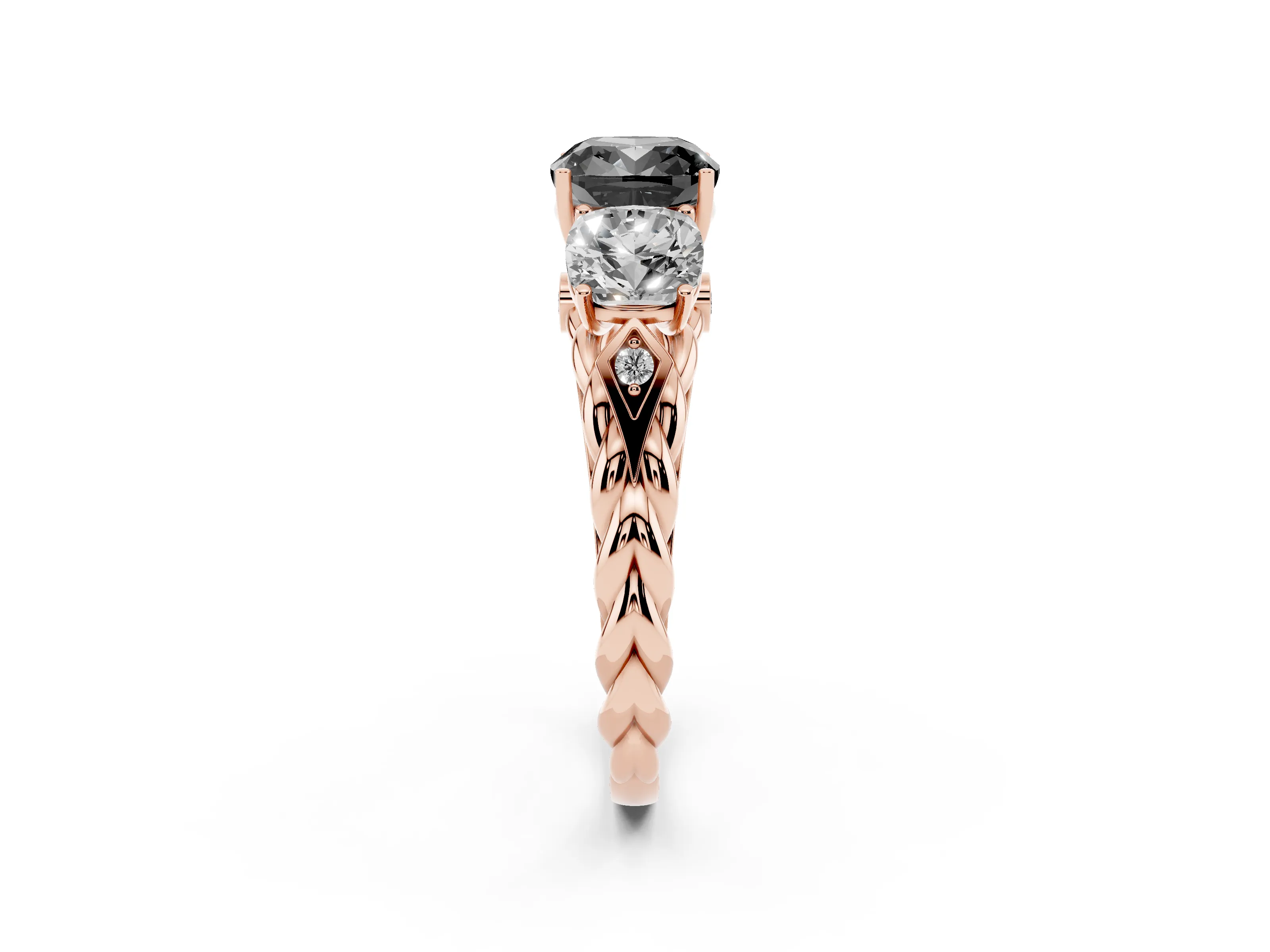 Fancy Black Cushion Cut Diamond Three-Stone Ring Set in Rose gold with Braided Band
