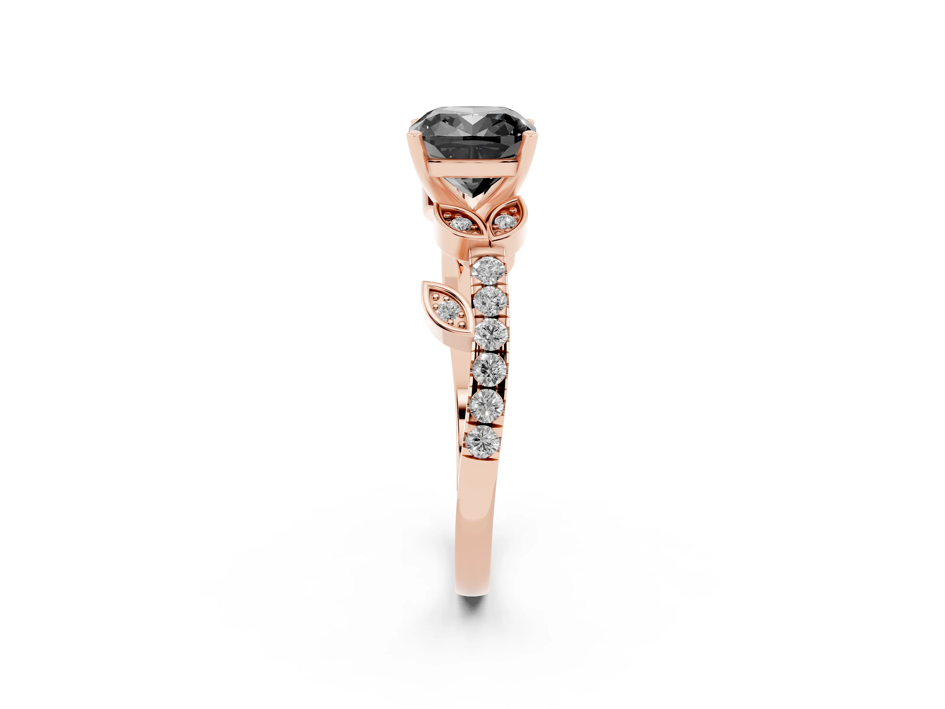 Fancy Black Cushion Cut Diamond Solitaire Leaf-Inspired Ring Set in Rose gold with Pavé Band and Prong Setting