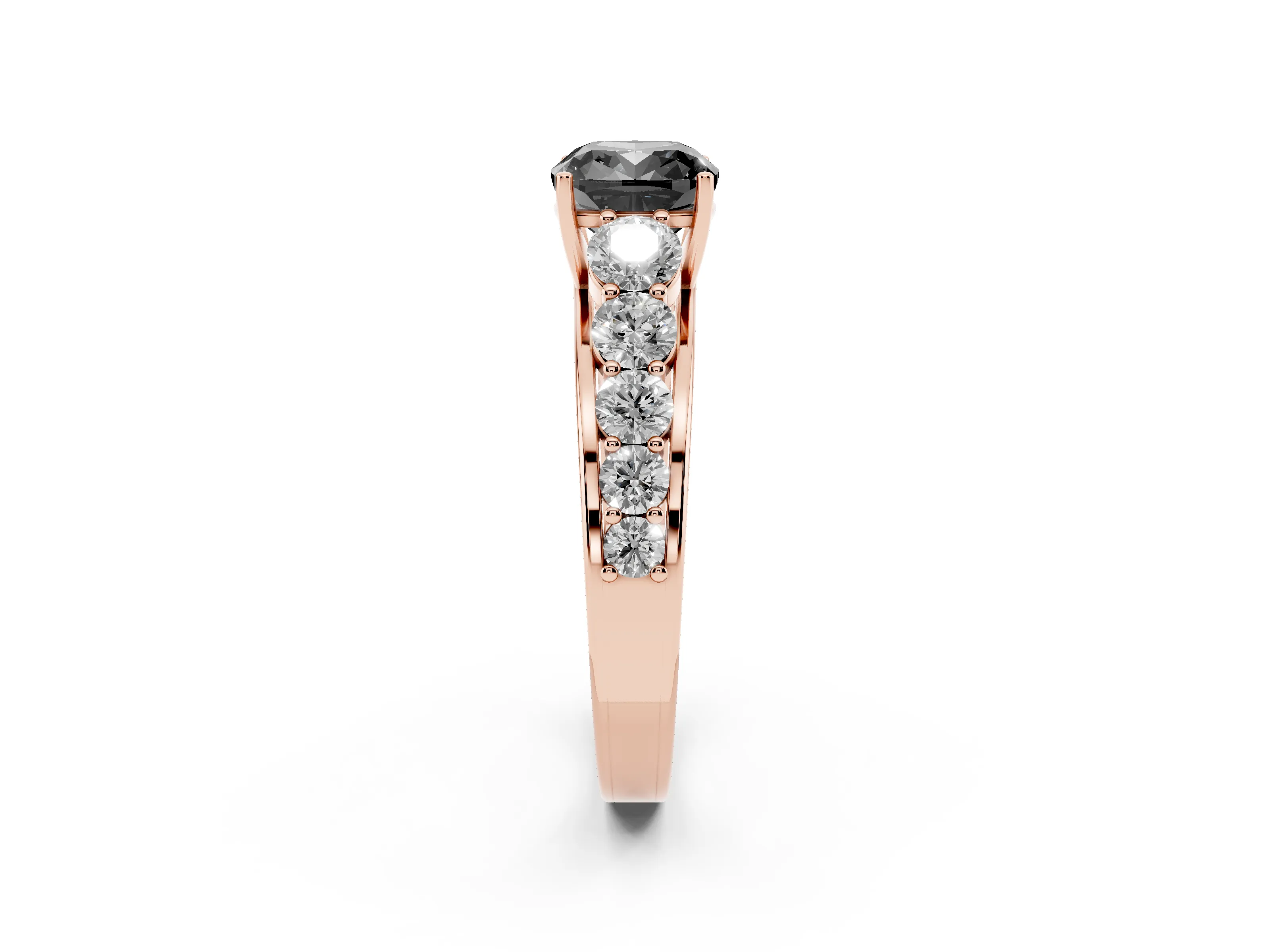 Fancy Black Cushion Cut Diamond Solitaire Ring Set in Rose gold with Pavé-Set Band and Prong Setting