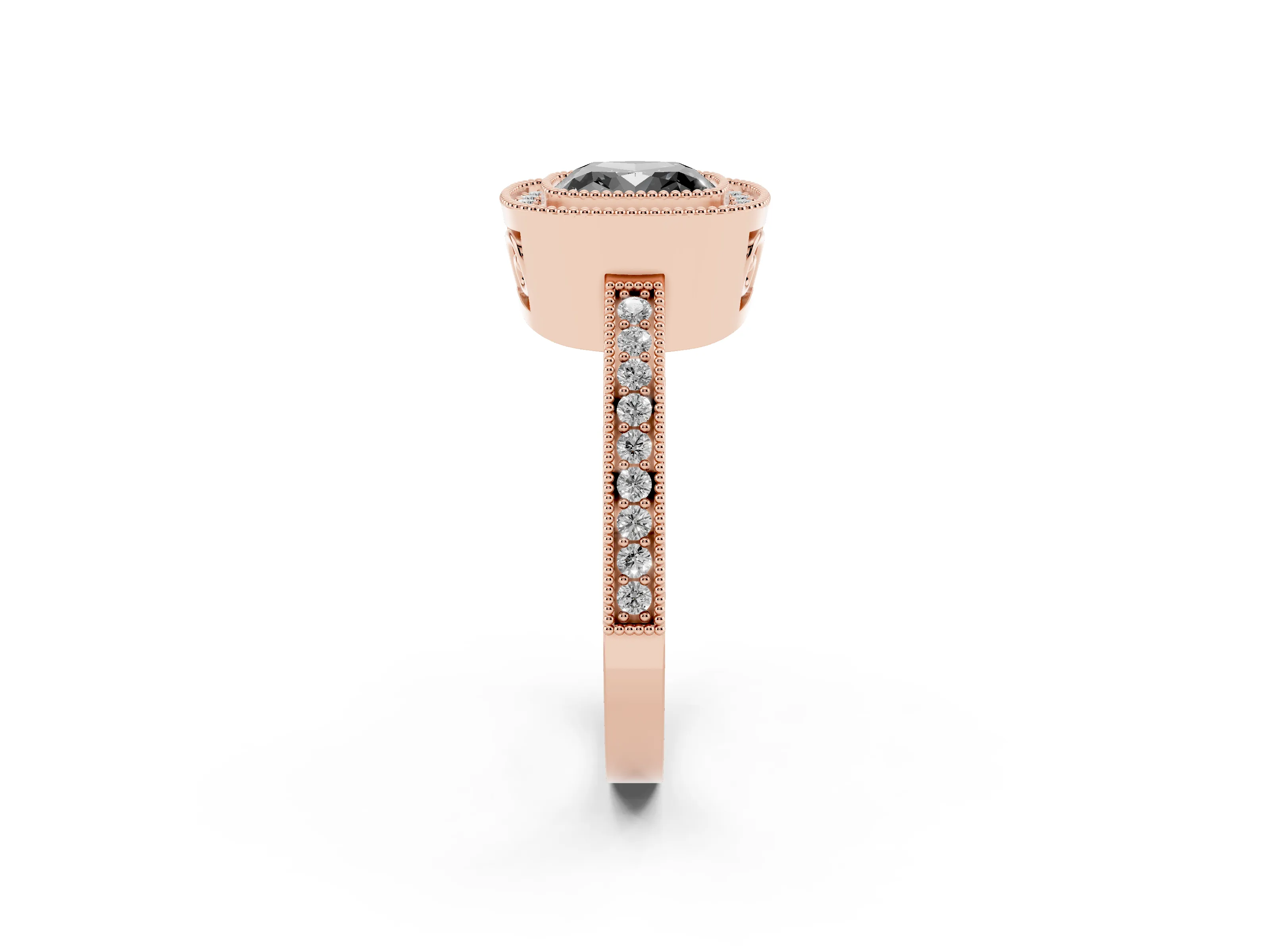 Fancy Black Cushion Cut Diamond Round Halo Ring Set in Rose gold with Pavé Band