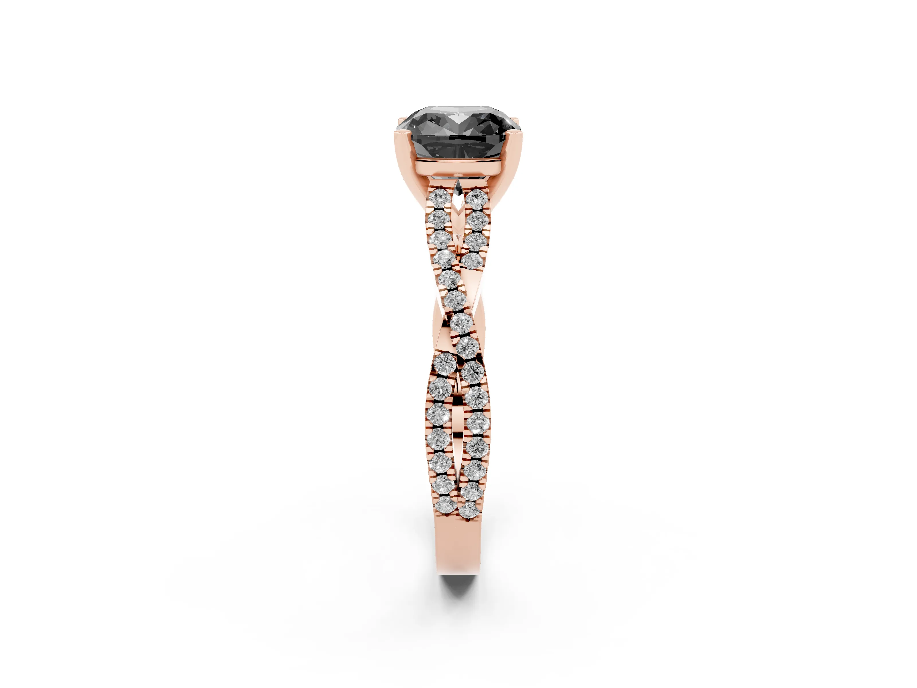 Fancy Black Cushion Cut Diamond Solitaire Engagement Ring Set in Rose gold with Twisted Pavé Band and Prong Setting