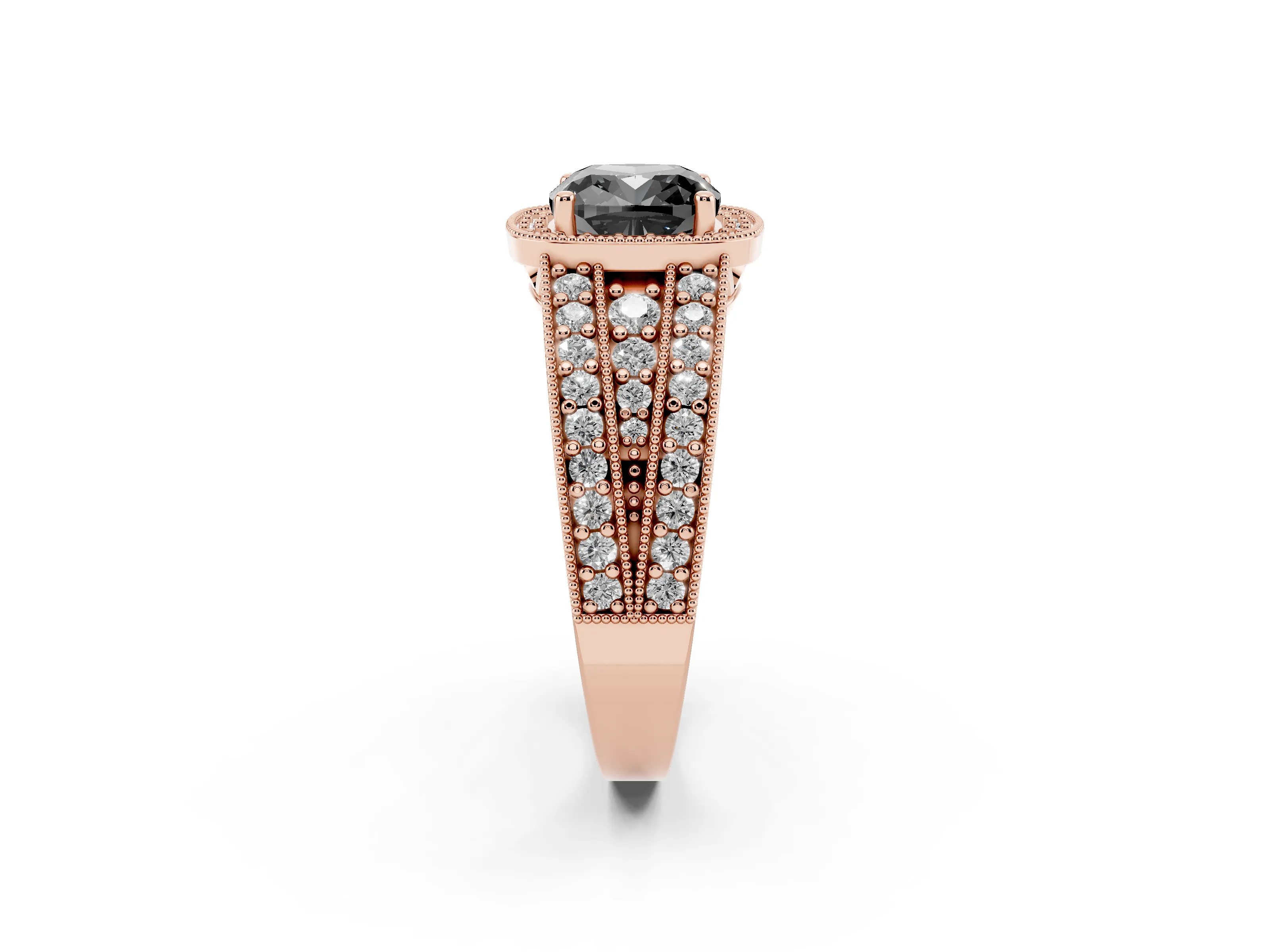 Fancy Black Cushion Cut Diamond Halo Ring Set in Rose gold with Accent Split Shank and Prong Setting
