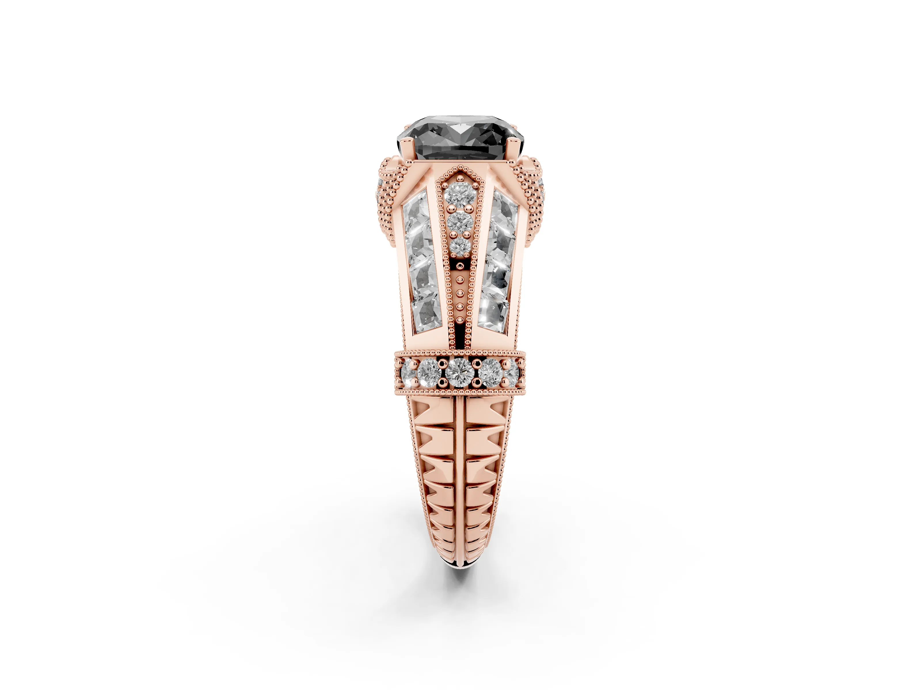 Fancy Black Cushion Cut Diamond Vintage-Inspired Milgrain Ring Set in Rose gold with Accent Split Shank
