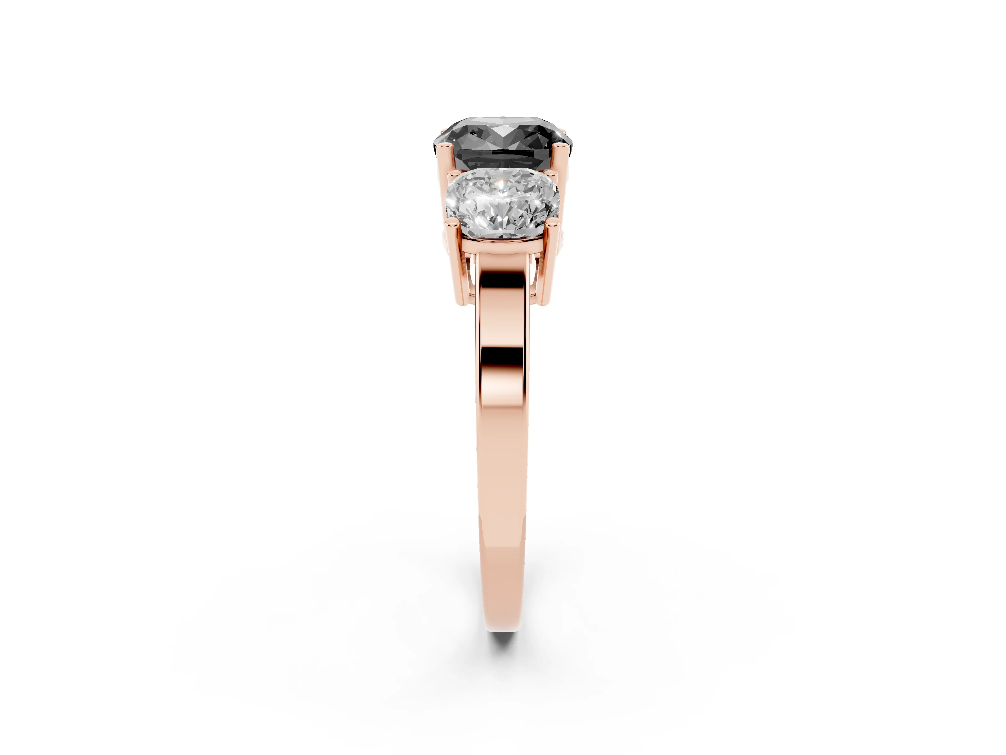 Fancy Black Cushion Cut Diamond Three-Stone Engagement Ring Set in Rose gold with Flat Band