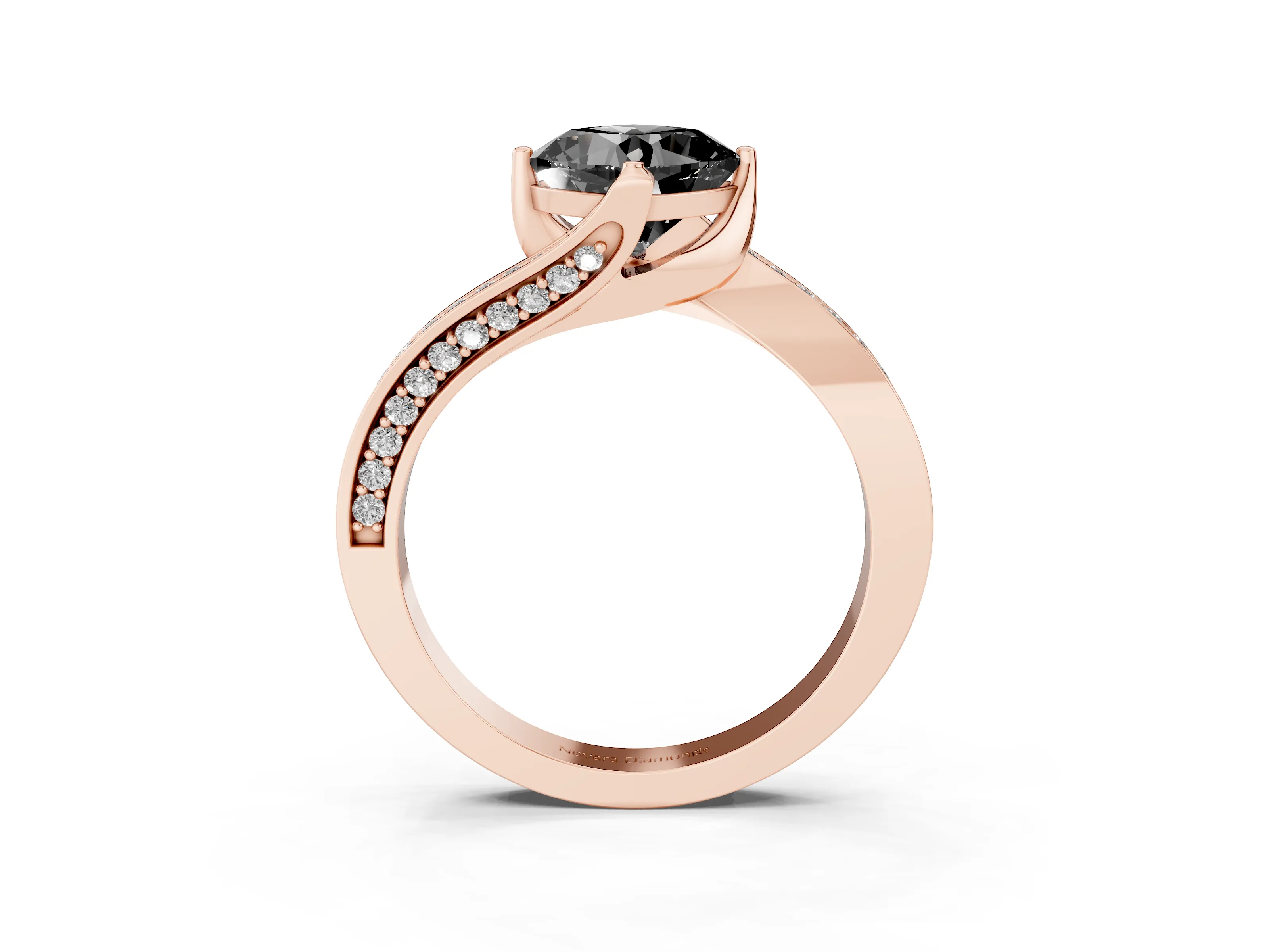 Fancy Black Cushion Cut Diamond Solitaire Ring Set in Rose gold with Intertwined Pavé Twist Band