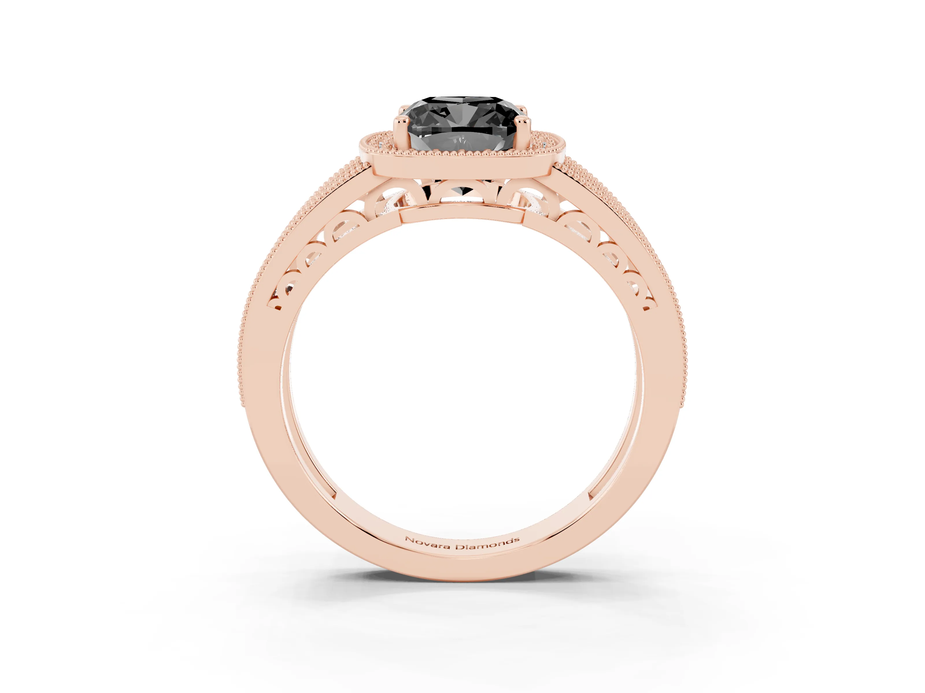 Fancy Black Cushion Cut Diamond Halo Ring Set in Rose gold with Accent Split Shank and Prong Setting