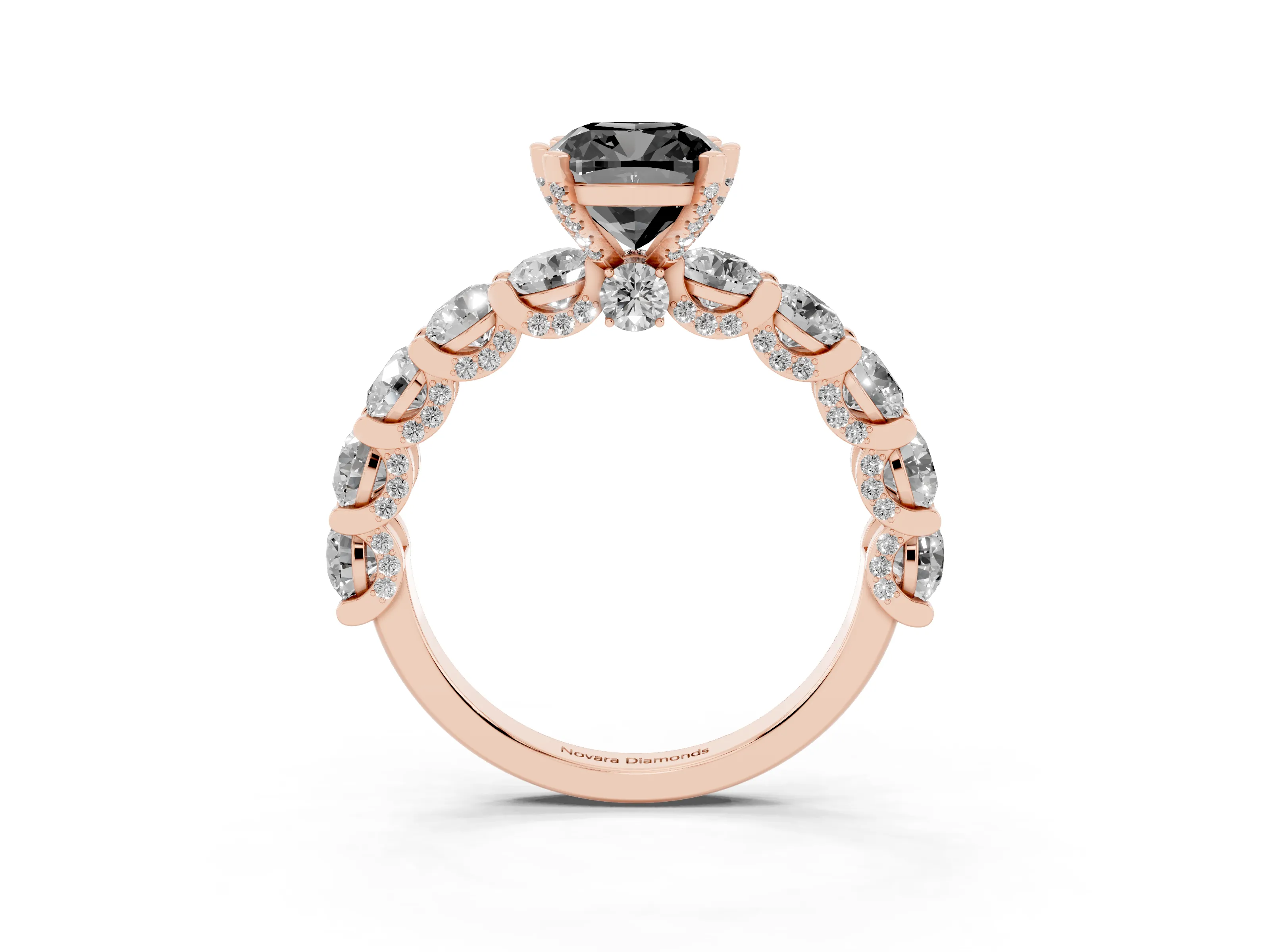 Fancy Black Cushion Cut Diamond Side Stone Ring Set in Rose gold with Alternating Round and Oval Side Stones