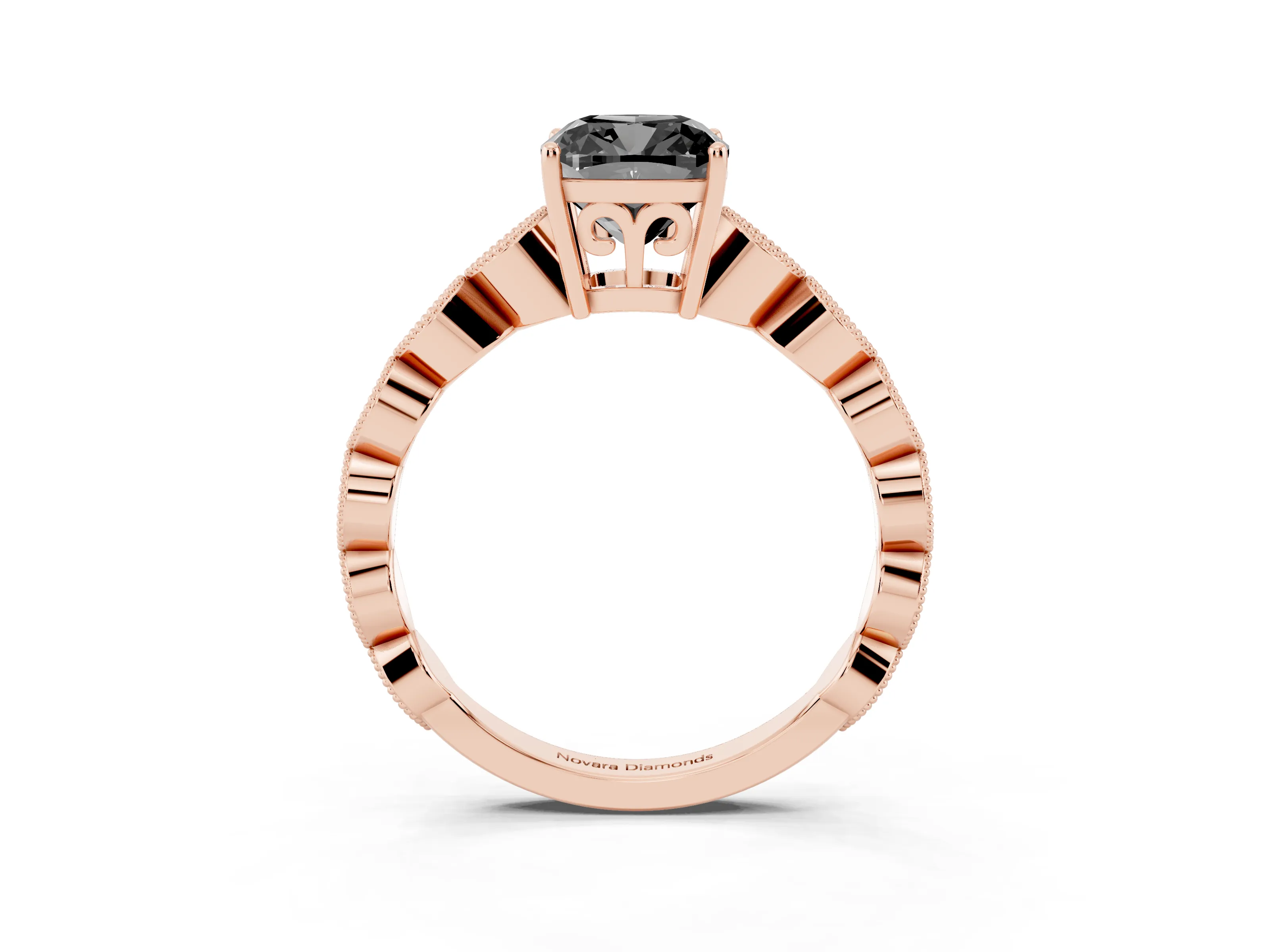 Fancy Black Cushion Cut Diamond Solitaire Ring Set in Rose gold with Infinity Twist Pavé Band