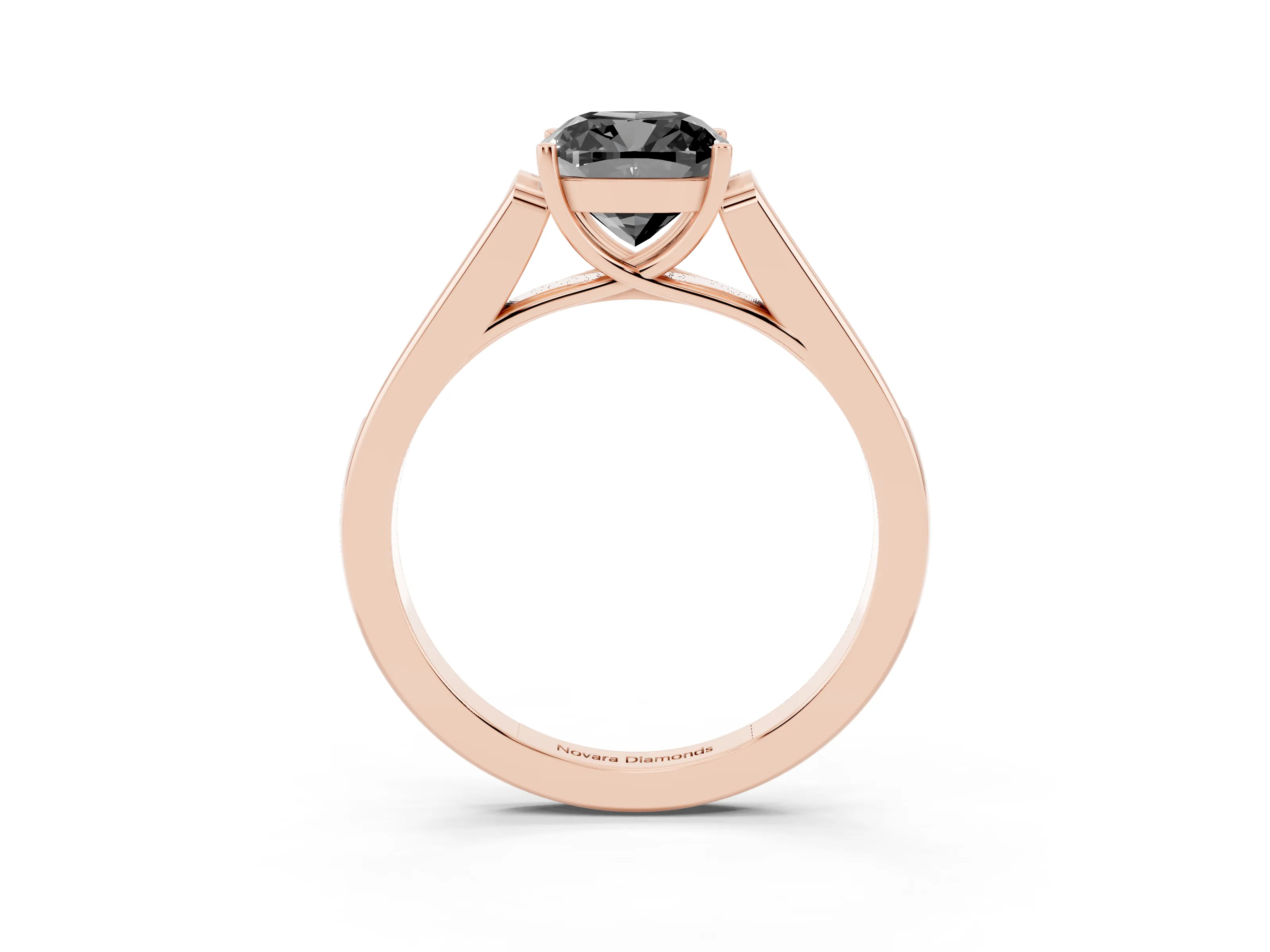 Fancy Black Cushion Cut Diamond Solitaire Cathedral Engagement Ring Set in Rose gold with Channel-Set Band and Prong Setting