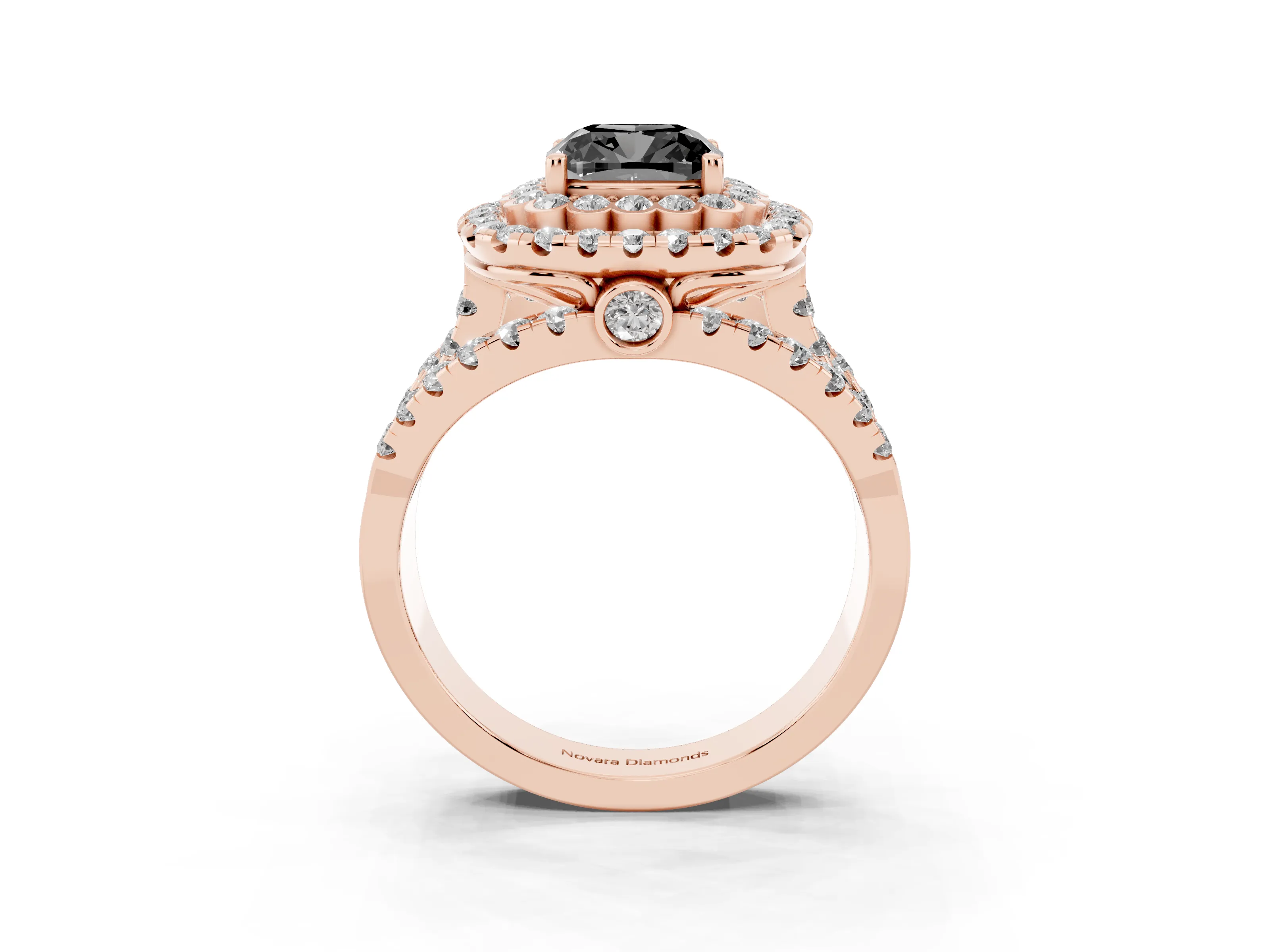 Fancy Black Cushion Cut Diamond Double Halo Ring Set in Rose gold with Round Pavé Split Shank