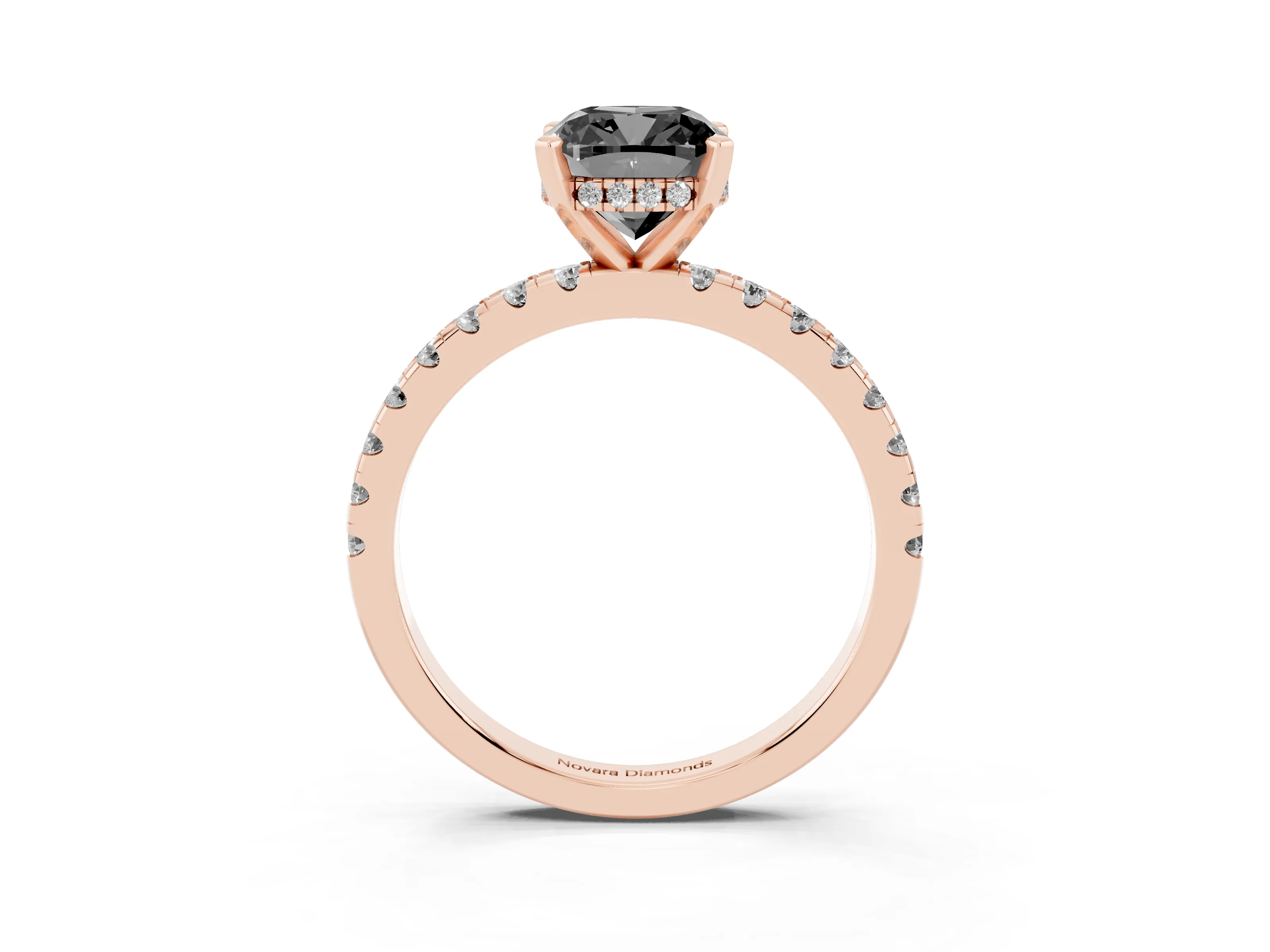 Fancy Black Cushion Cut Diamond Pavé Solitaire Ring Set in Rose gold with Round Band Accents and Prong Setting