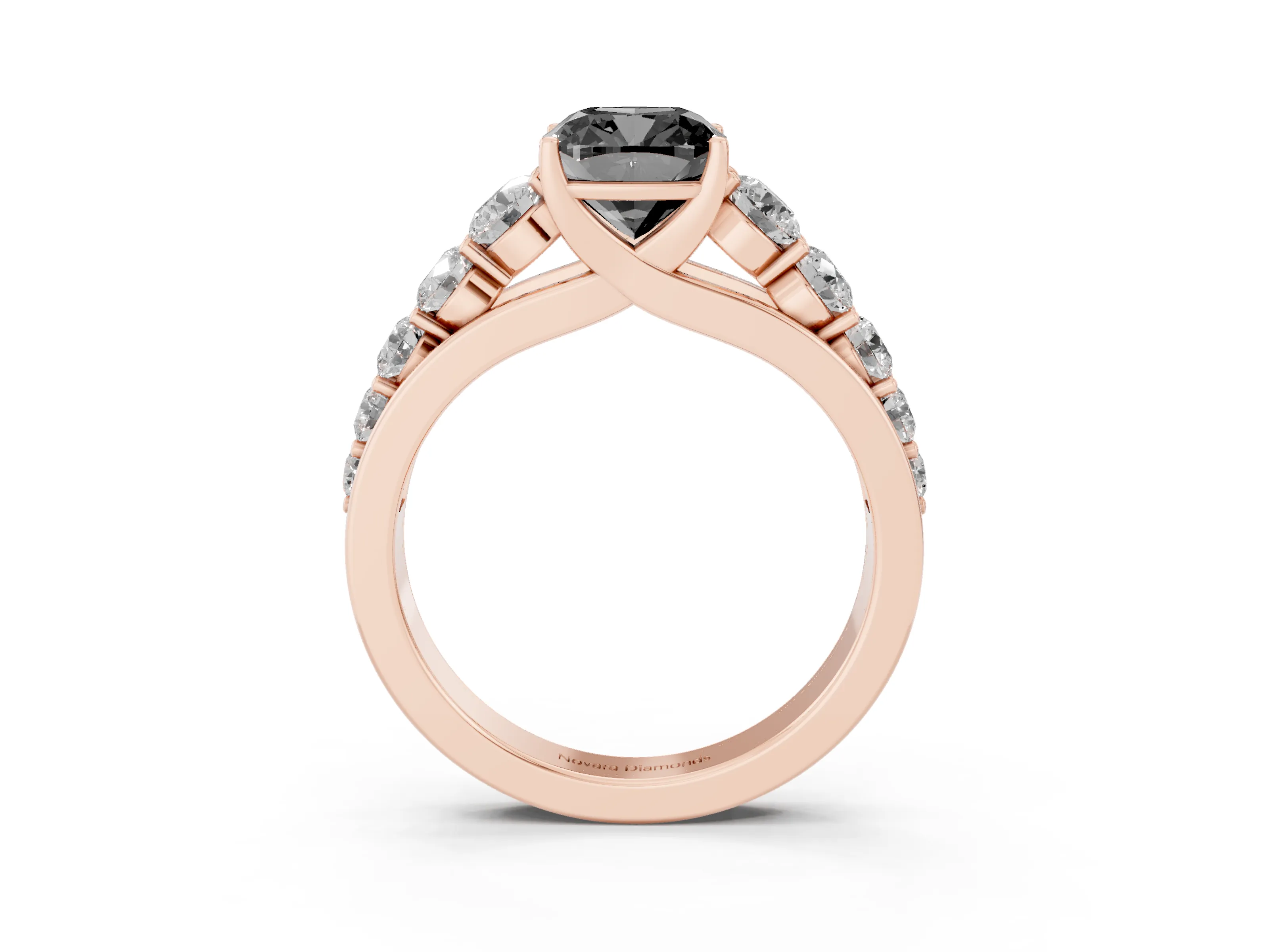 Fancy Black Cushion Cut Diamond Solitaire Ring Set in Rose gold with Pavé-Set Band and Prong Setting